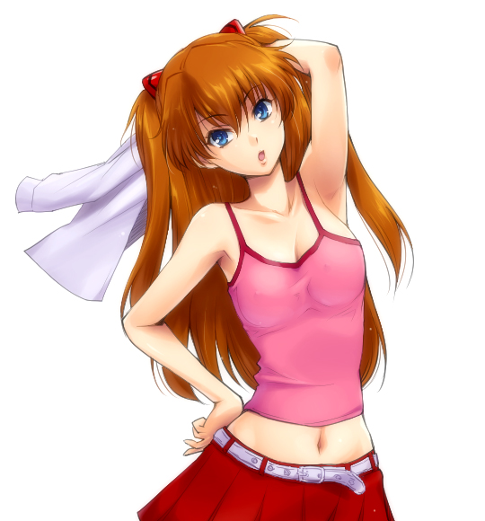 hairu, souryuu asuka langley, neon genesis evangelion, rebuild of evangelion, 00s, 1girl, arm behind head, armpits, arms up, bare shoulders, belt, blue eyes, breasts, camisole, casual, cleavage, coat, collarbone, female focus, hand on own hip, long hair, midriff, navel, orange hair, simple background, skirt, solo, twintails, two side up, white background
