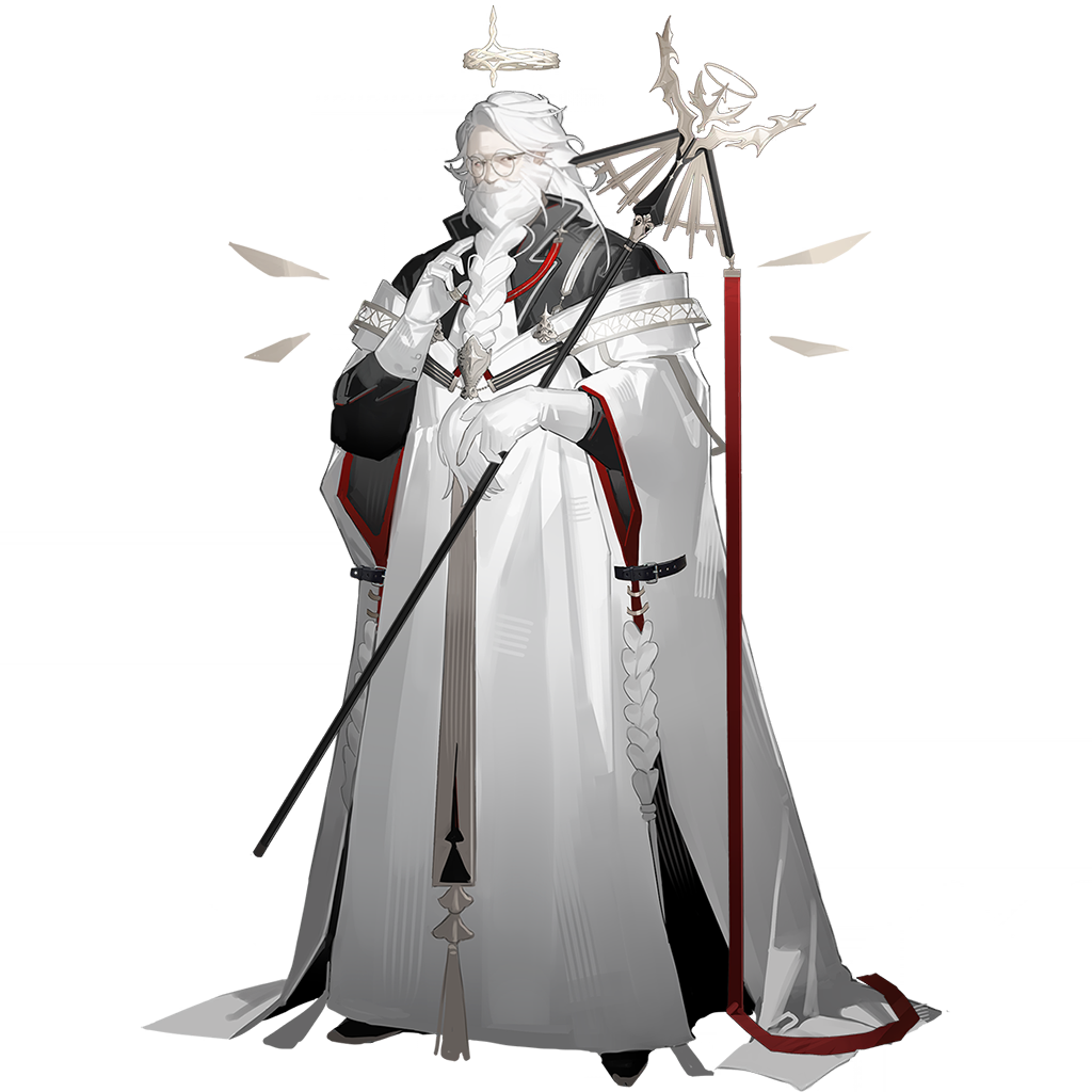 jacknife, yvangelista xi (arknights), arknights, official art, third-party source, 1boy, beard, braid, braided beard, detached wings, energy wings, facial hair, full body, glasses, gloves, halo, holding, holding scepter, long beard, long hair, male focus, pope, robe, round eyewear, scepter, simple background, solo, standing, tachi-e, transparent background, very long beard, white beard, white gloves, white hair, white robe, wide sleeves, wings