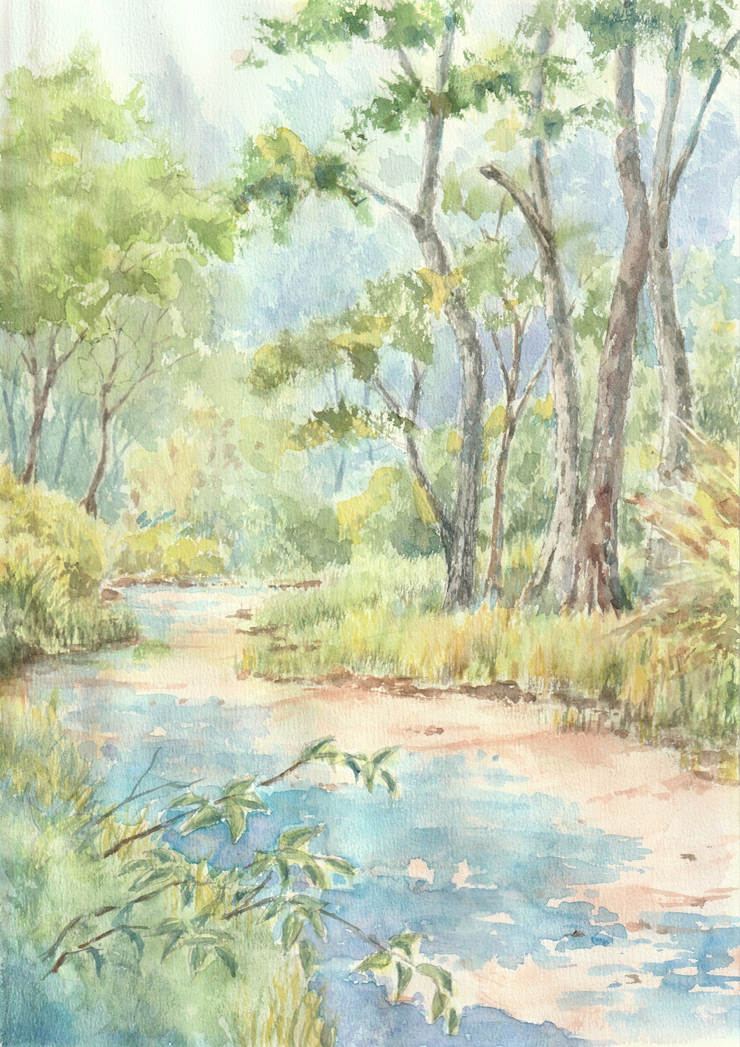 paruperu, original, commentary request, highres, painting (medium), traditional media, watercolor (medium), day, forest, grass, nature, no humans, outdoors, path, road, scenery, tree