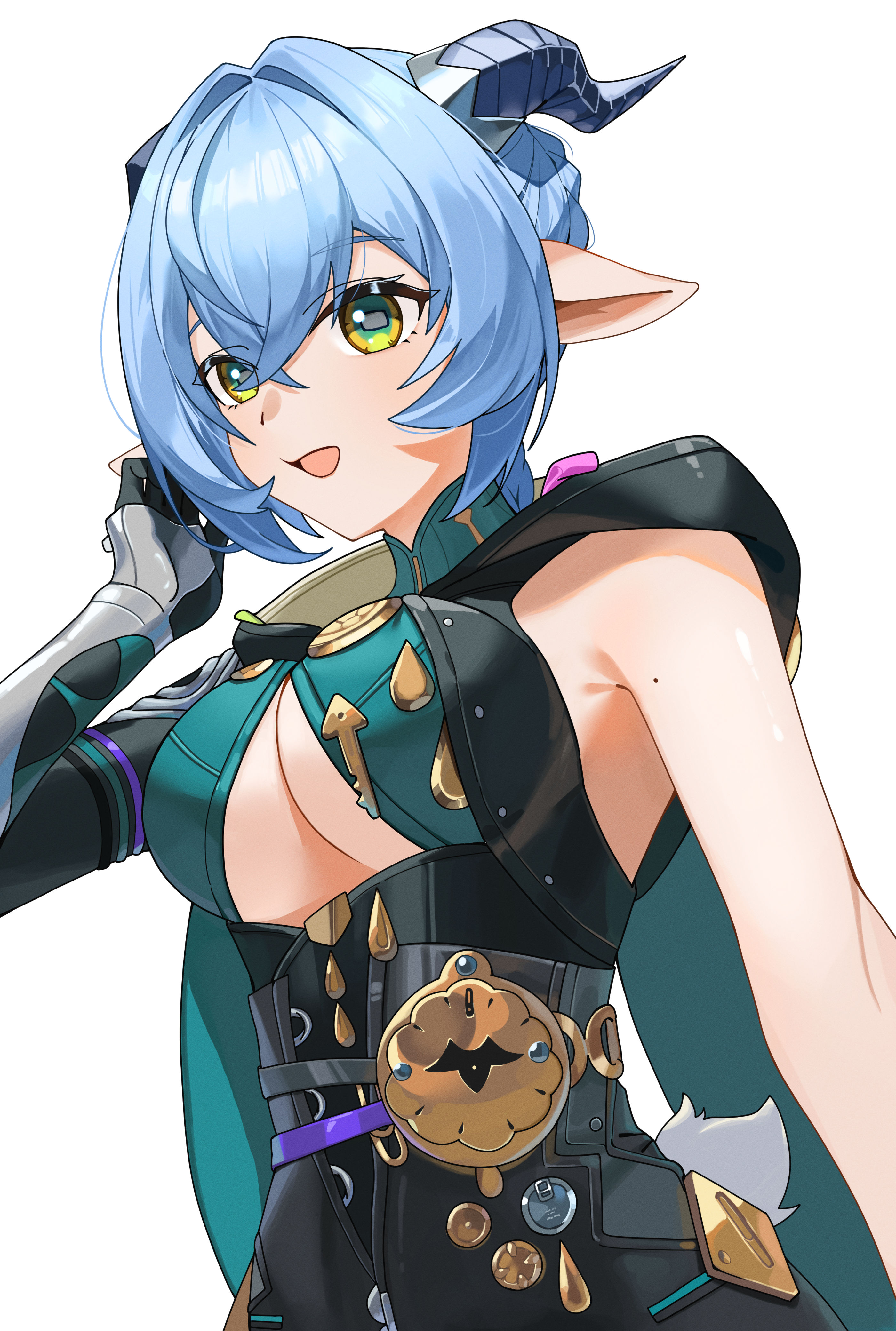 uuc (yuyudanngo), lucia elowen, zenless zone zero, absurdres, highres, animal ears, aqua hair, asymmetrical clothes, black gloves, black shirt, breasts, cleavage, cleavage cutout, clothing cutout, gloves, goat ears, goat girl, goat horns, green eyes, hair between eyes, horns, mole, mole on arm, open mouth, shirt, short hair, simple background, sleeveless, sleeveless shirt, smile, white background