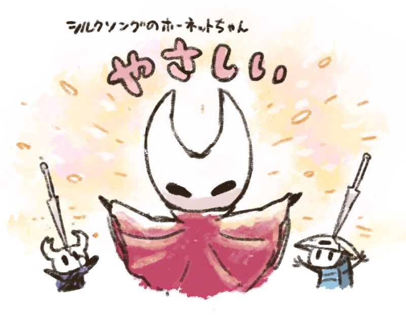 fuifui, hornet (hollow knight), knight (hollow knight), quirrel, hollow knight, hollow knight: silksong, commentary request, translation request, 1boy, 1girl, 1other, arthropod boy, arthropod girl, black skin, cloak, colored skin, cracked mask, grey cloak, hollow eyes, horned mask, mask, mask on head, needle (hollow knight), red cloak, white mask