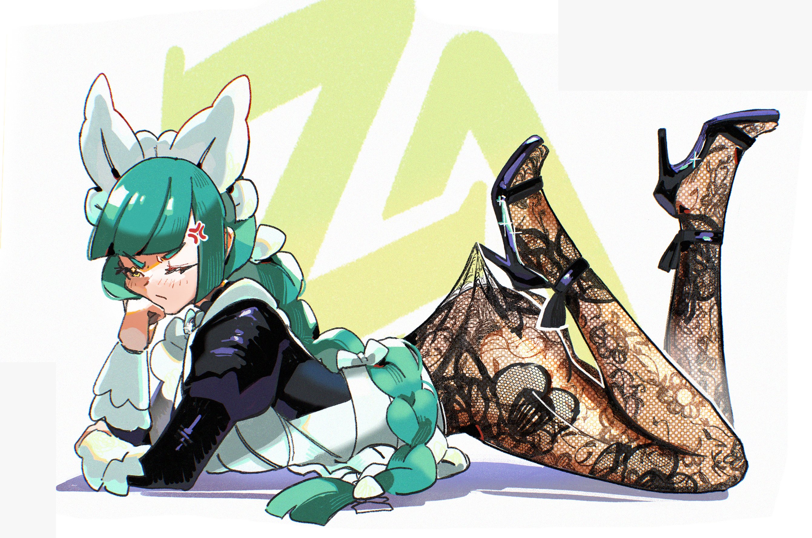 sugahri, lebanne (pokemon), nintendo, pokemon, pokemon legends: z-a, highres, 1girl, angry, apron, ass, black pantyhose, black romper, bow, braid, braided ponytail, closed mouth, full body, green eyes, green hair, hair bow, head rest, high heels, juliet sleeves, long hair, long sleeves, maid, maid apron, maid headdress, one eye closed, pantyhose, puffy sleeves, romper, see-through clothes, see-through pantyhose, solo, white bow