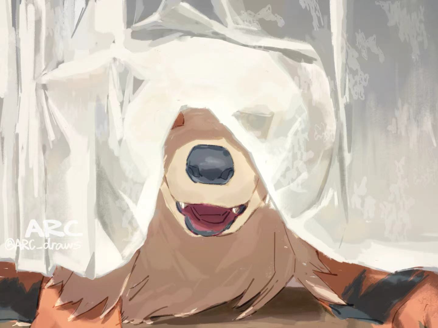 arc draws, arcanine, nintendo, pokemon, commentary, curtains, fangs, gen 1 pokemon, lying, no humans, on stomach, open mouth, pokemon (creature), pokemon focus, solo, twitter username