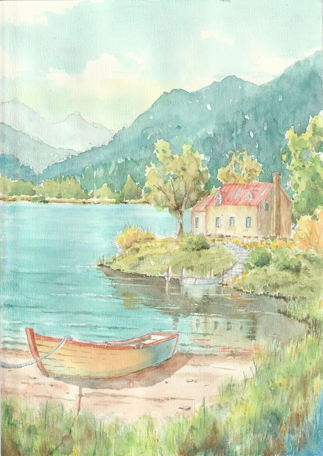 paruperu, original, commentary request, highres, painting (medium), traditional media, watercolor (medium), boat, building, day, forest, hill, house, lake, landscape, mountainous horizon, nature, no humans, outdoors, reflection, reflective water, scenery, sky, water, watercraft