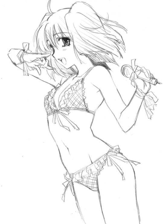 kuroda akimi, ranka lee, macross, macross frontier, 00s, 1girl, armpits, bikini, female focus, flat chest, greyscale, m/, microphone, monochrome, plaid bikini, plaid clothes, solo, swimsuit, twintails