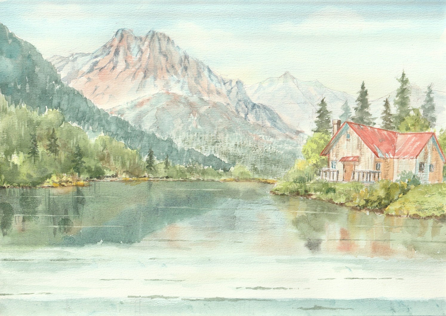 paruperu, original, commentary request, painting (medium), traditional media, watercolor (medium), day, forest, lake, landscape, mountain, mountainous horizon, nature, no humans, outdoors, reflection, reflective water, scenery, water