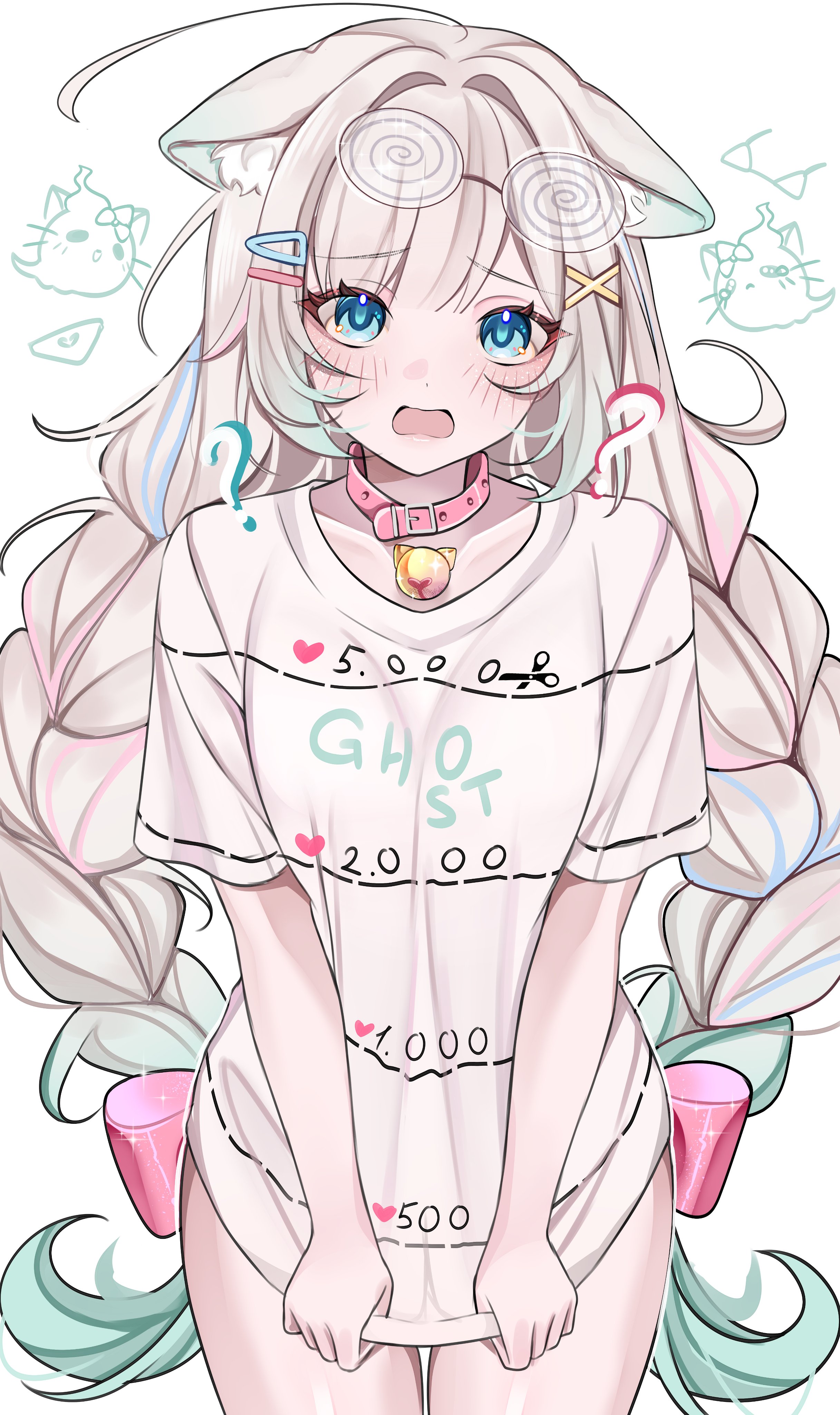 rosheil, mint fantome, mint fantome (otaku), indie virtual youtuber, absurdres, commentary, english commentary, highres, 1girl, ?, ahoge, animal ear fluff, animal ears, bell, blue eyes, blush, braid, breasts, cat ears, cat girl, clothes pull, clothes writing, coke-bottle glasses, collar, collarbone, confused, cowboy shot, doodle inset, eyewear on head, glasses, gradient hair, hair intakes, hair ornament, jingle bell, long hair, looking at viewer, multicolored hair, neck bell, official alternate costume, official alternate hair length, official alternate hairstyle, open mouth, parted bangs, pink collar, shirt, shirt pull, short sleeves, simple background, small breasts, solo, straight-on, twin braids, twitter cutting game, v arms, virtual youtuber, white background, white hair, white shirt, x hair ornament