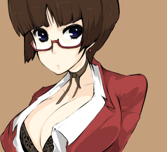 bad id, blue eyes, bra, breasts, brown hair, choker, cleavage, glasses, large breasts, lingerie, open clothes, open shirt, shirt, solo, teacher, underwear