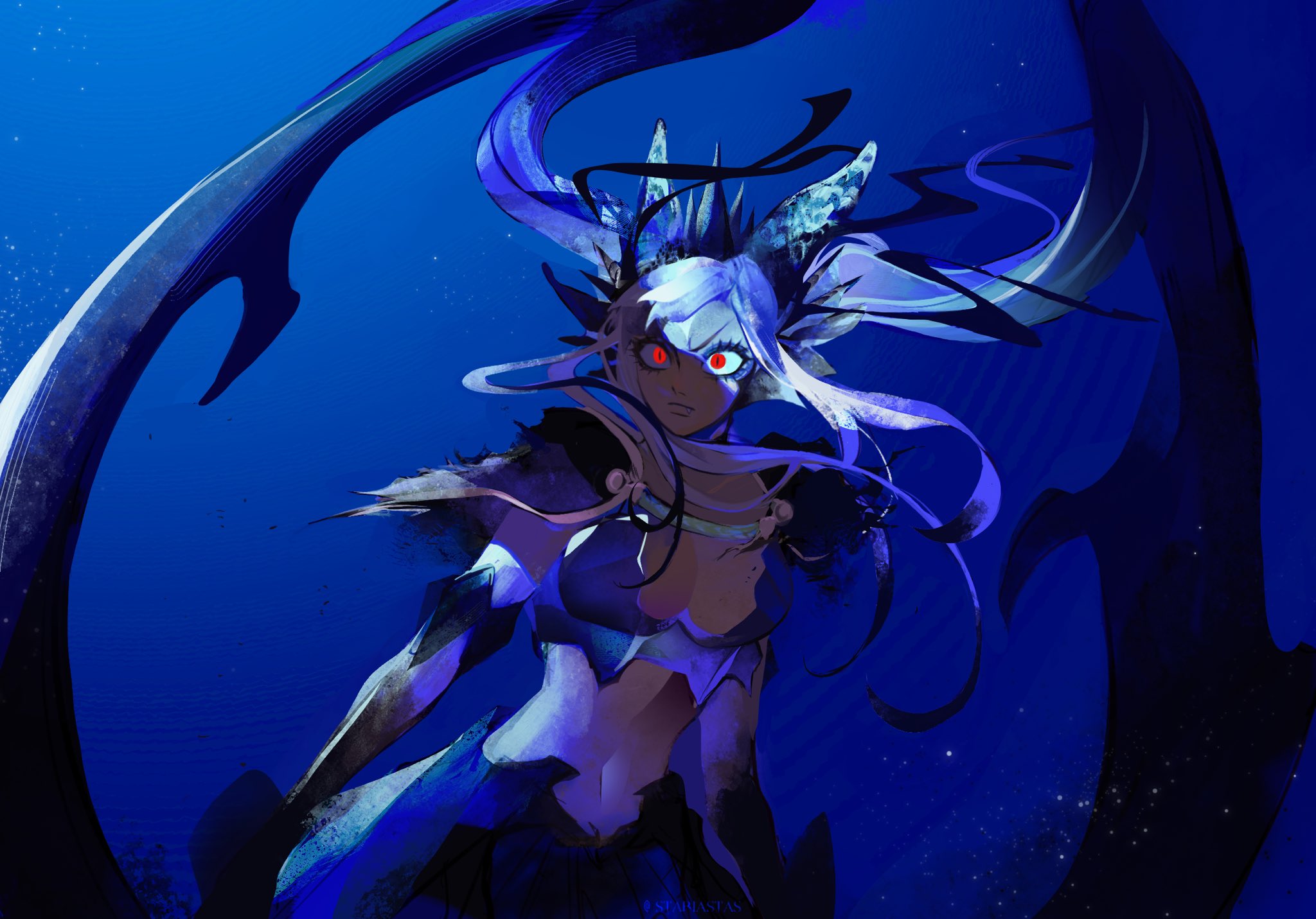 noelle silva, black clover, 1girl, breasts, cleavage, large breasts, long hair, midriff, navel, red eyes, revealing armor, solo, twintails