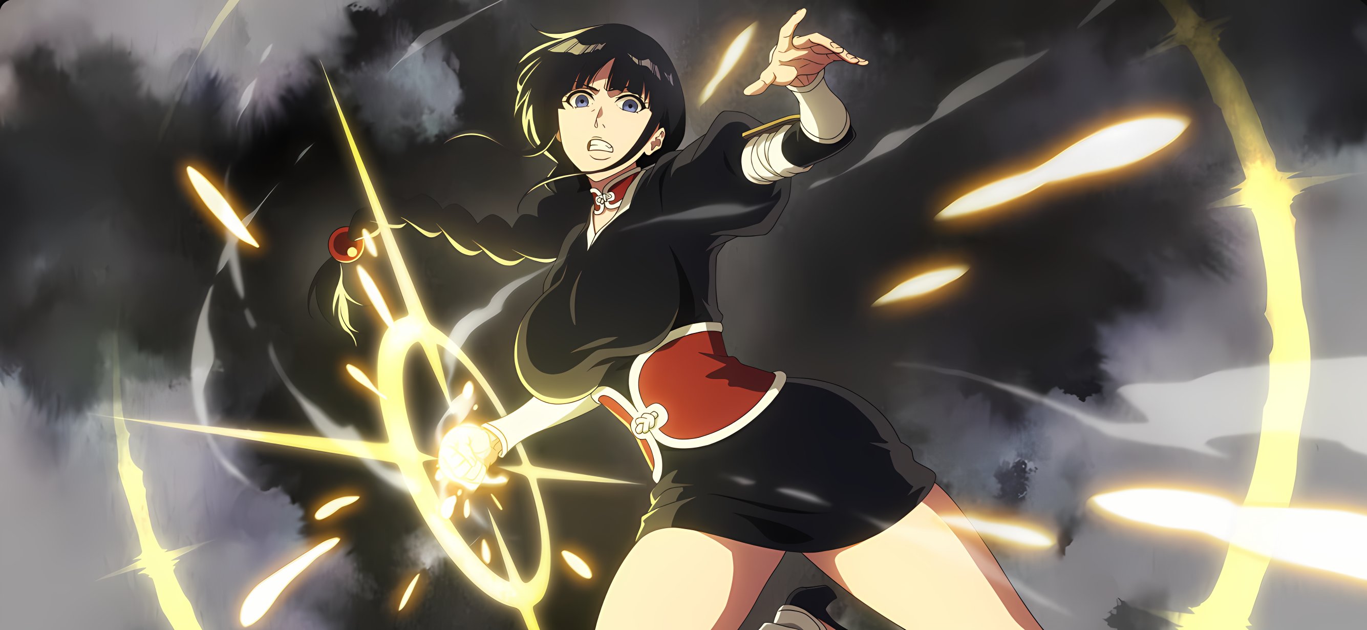 kurotsuchi nemu, bleach, bleach: brave souls, bleach: sennen kessen-hen, highres, long image, official art, third-party source, wide image, 1girl, aura, bandages, black background, black hair, blue eyes, blunt bangs, braid, braided ponytail, breasts, choker, clenched teeth, cloud, cowboy shot, curvy, dynamic pose, energy, feet out of frame, female focus, fighting stance, hair bobbles, hair ornament, hair tie, high heels, japanese clothes, kimono, large breasts, light particles, long hair, obi, ponytail, puffy sleeves, red choker, sash, serious, shihakusho, short kimono, sidelocks, simple background, smoke, solo, solo focus, teeth, thighs