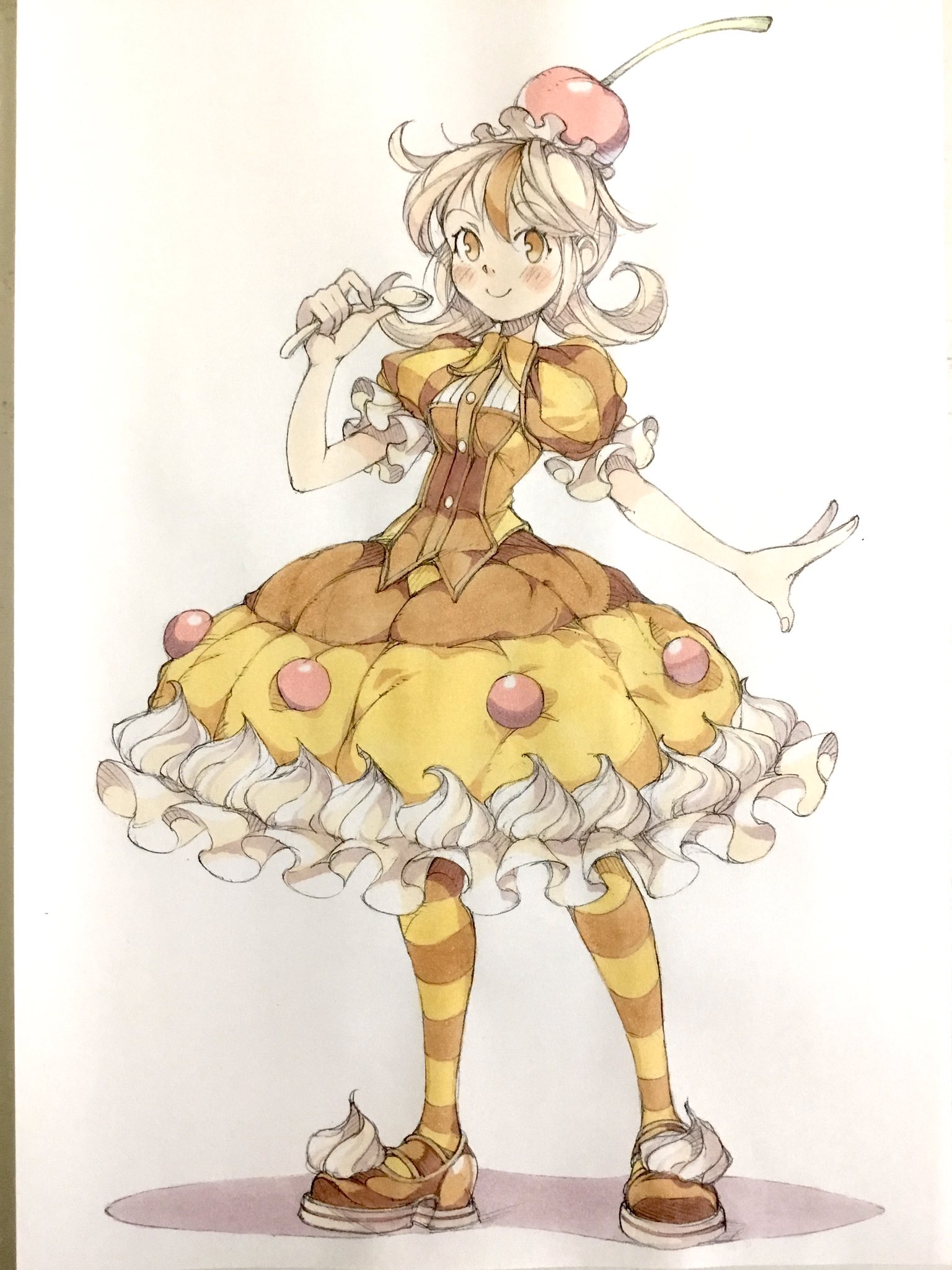 peter salt, original, commentary, highres, traditional media, 1girl, blonde hair, brown dress, brown hair, cherry, cherry hat, closed mouth, collared dress, dress, food, food-themed hat, frilled dress, frills, fruit, full body, hand up, holding, holding spoon, medium hair, multicolored hair, puffy short sleeves, puffy sleeves, shoes, short sleeves, smile, solo, spoon, standing, striped clothes, striped thighhighs, thighhighs, two-tone dress, two-tone hair, whipped cream, white background, yellow dress, yellow shoes, yellow thighhighs