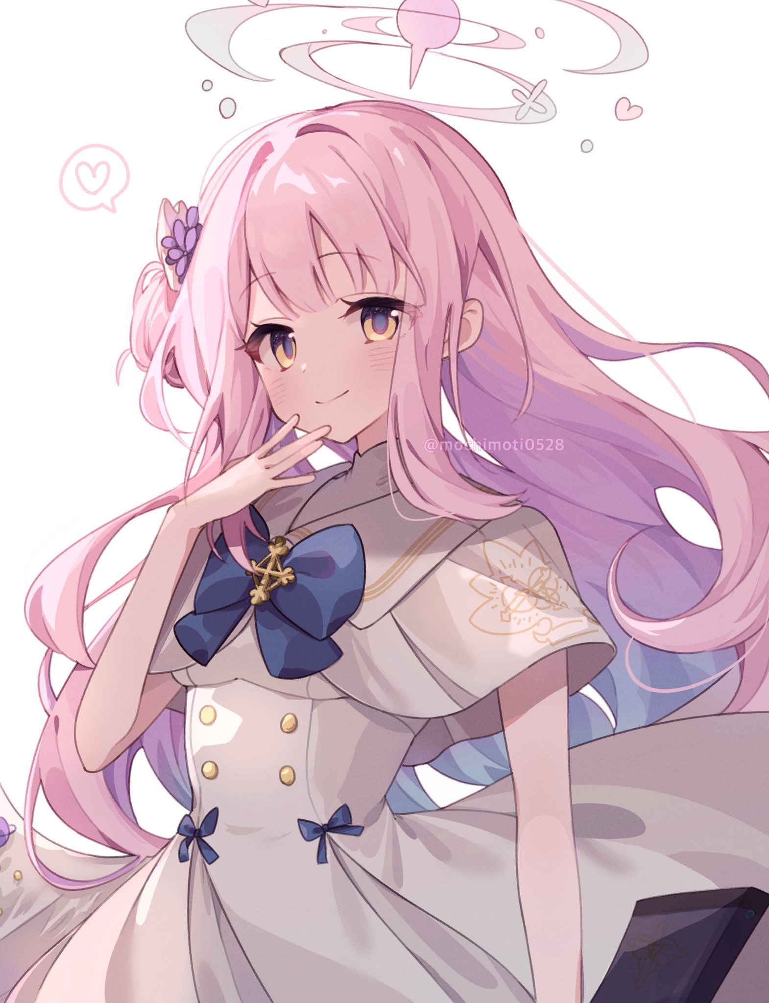 mochimoti0528, mika (blue archive), blue archive, highres, 1girl, aqua hair, blue bow, blush, bow, breasts, buttons, capelet, closed mouth, double-breasted, dress, feathered wings, flower, gold trim, gradient hair, hair flower, hair ornament, halo, heart, long hair, looking at viewer, low wings, multicolored hair, pink hair, pink halo, purple flower, simple background, smile, solo, speech bubble, spoken heart, twitter username, white background, white capelet, white dress, white wings, wings, yellow eyes