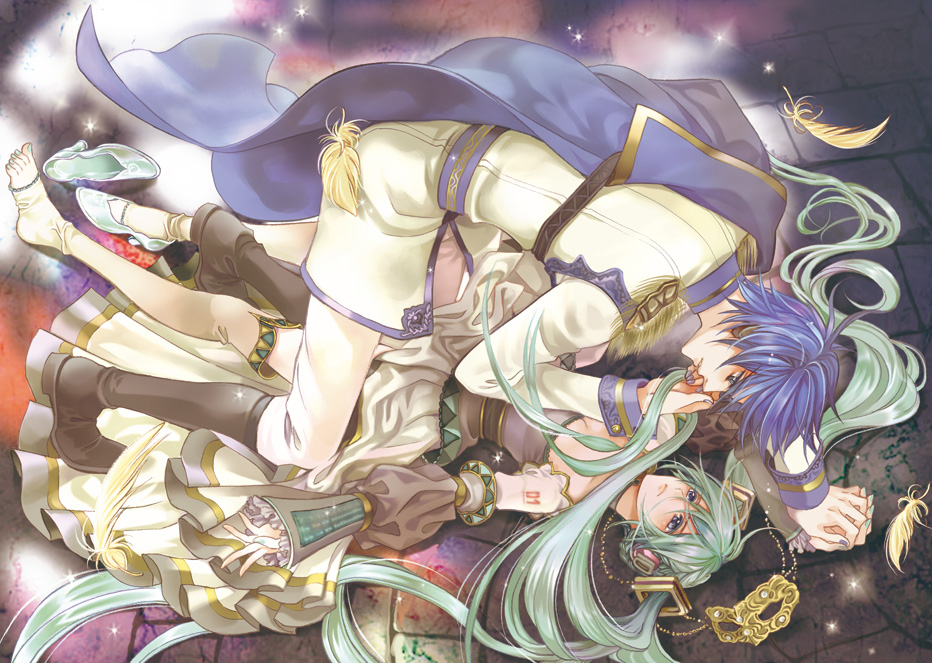 kajiyama-negi, cendrillon (toaru majutsu no index), hatsune miku, kaito (vocaloid), cendrillon (vocaloid), vocaloid, aqua hair, blue hair, boots, cape, detached sleeves, dress, feathers, frills, holding hands, long hair, lying, mask, on back, shoes, single shoe, twintails