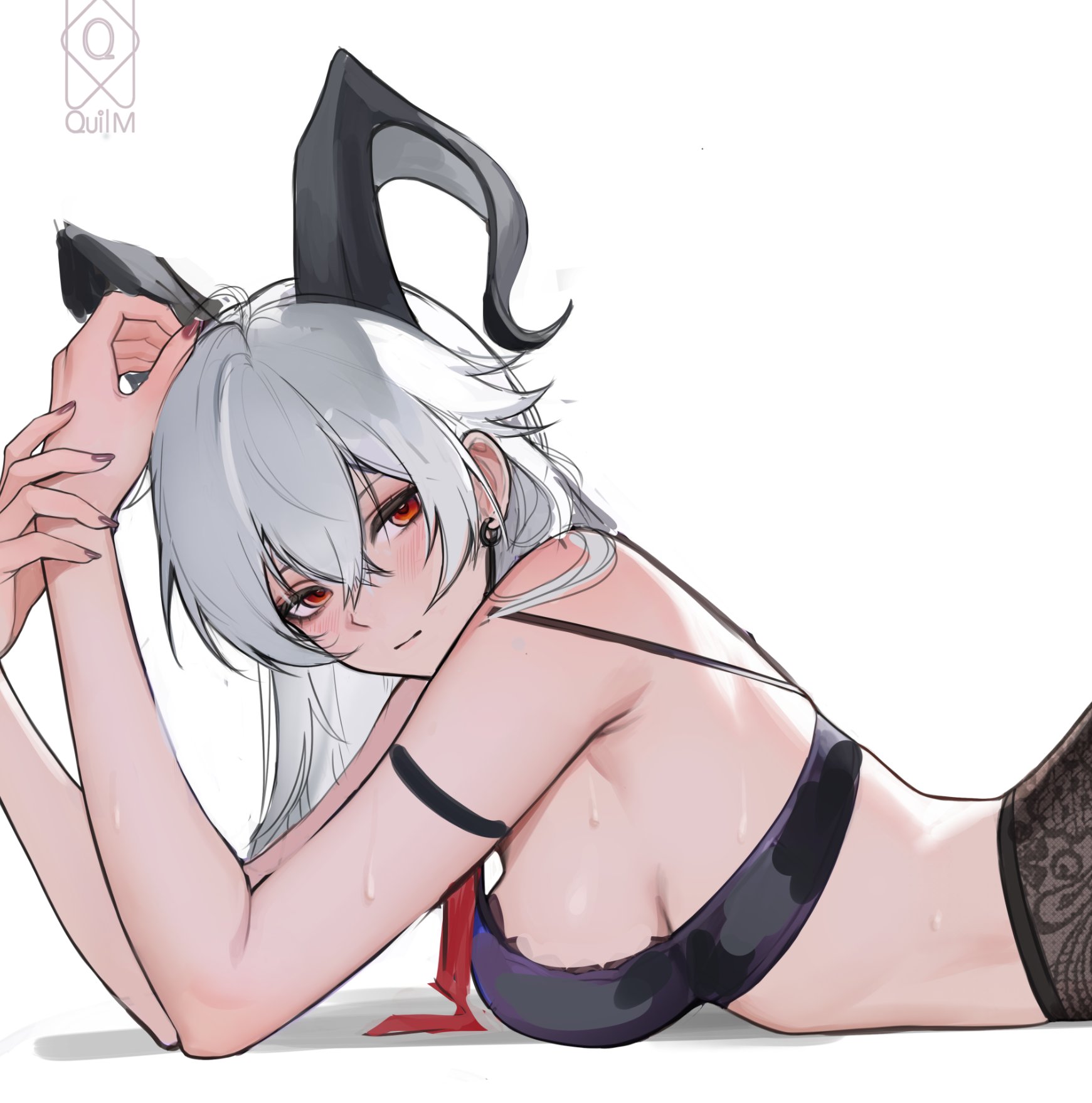 quilm, zani (wuthering waves), wuthering waves, highres, unfinished, 1girl, arm strap, artist name, bare shoulders, black bra, black horns, black pantyhose, blush, bra, breasts, closed mouth, curled horns, earrings, fingernails, from side, hair between eyes, hands up, horns, jewelry, looking to the side, lying, medium breasts, nail polish, necktie, no shirt, on stomach, pantyhose, red eyes, red nails, red necktie, sidelocks, solo, underwear, upper body