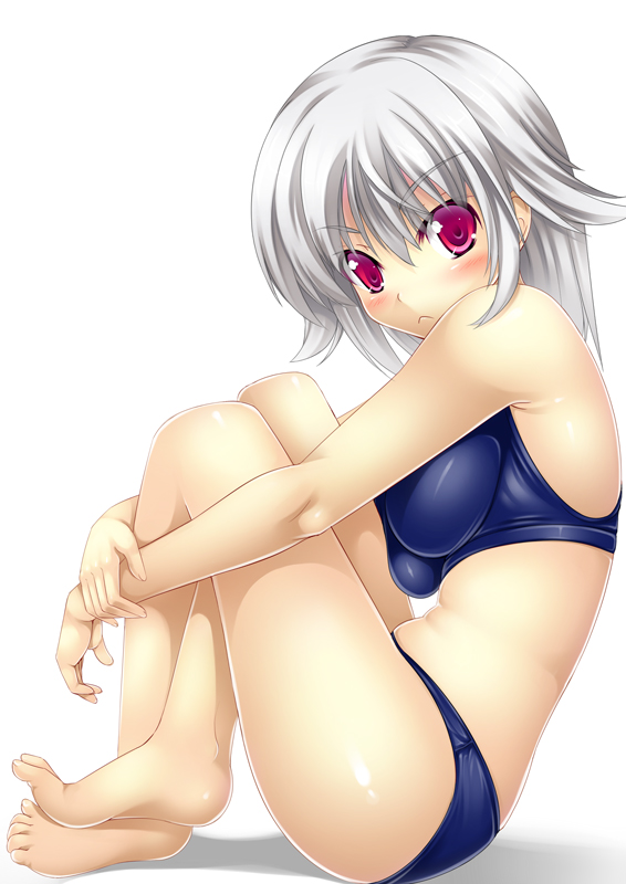 ichijou hitoshi, original, silver hair, 1girl, :<, barefoot, bikini, blue bikini, blush, breast press, breasts, feet, feet together, female focus, hugging own legs, large breasts, red eyes, solo, swimsuit, toes