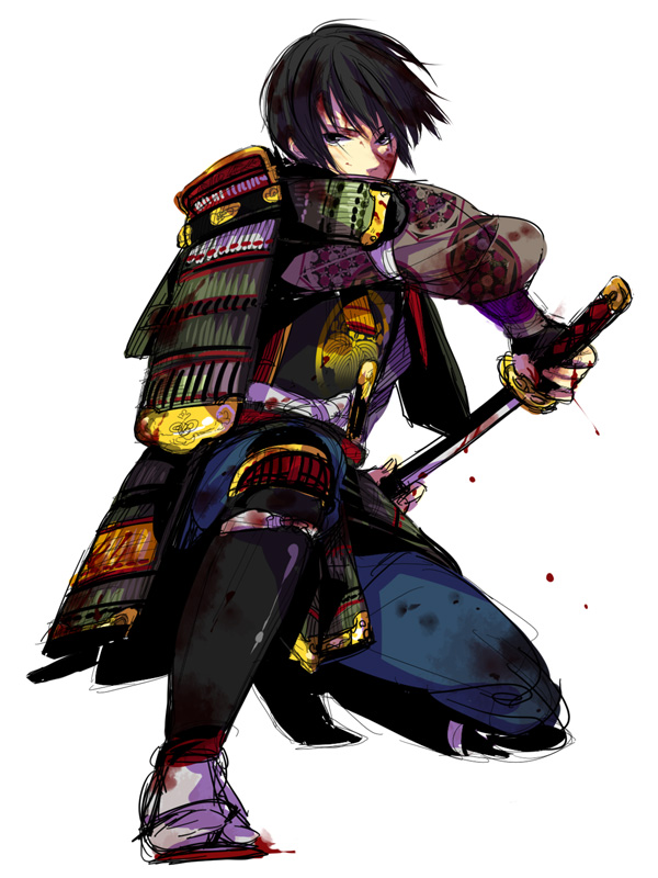 todoroki sora, japan (hetalia), axis powers hetalia, bad id, bad pixiv id, 00s, 1boy, armor, black hair, blood, grey eyes, japanese armor, japanese clothes, katana, kneeling, kusazuri, male focus, on one knee, samurai, sandals, sheath, shoulder armor, sode, solo, suneate, sword, tabi, unsheathing, weapon