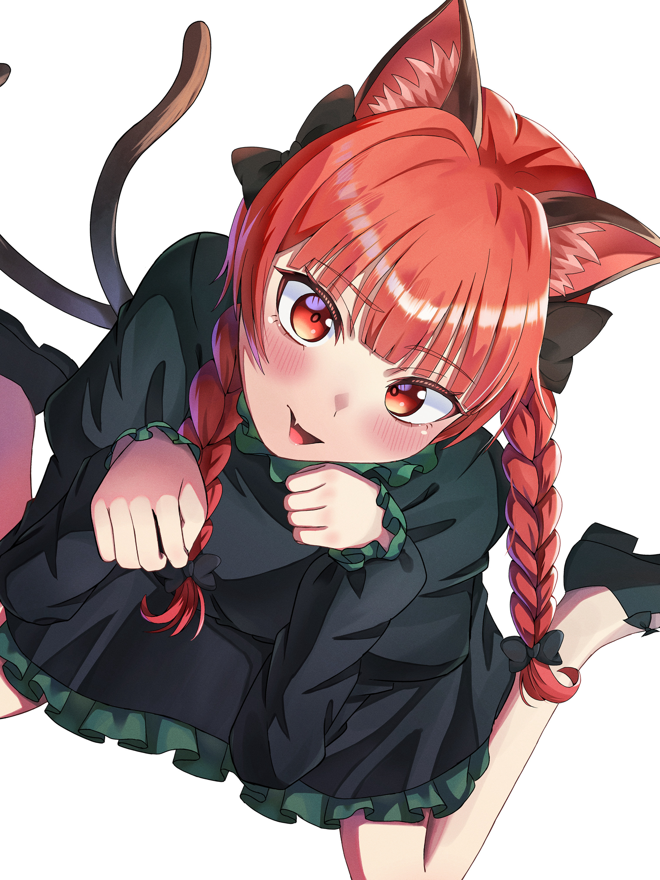 kaenbyou rin, touhou, absurdres, commentary, highres, 1girl, black bow, black shoes, bow, braid, byoin kaiteki3, cat tail, dress, fang, frilled dress, frills, from above, full body, hair bow, juliet sleeves, long hair, long sleeves, looking at viewer, multiple tails, open mouth, puffy sleeves, red eyes, red hair, shoes, side braids, simple background, sitting, skin fang, solo, tail, twin braids, two tails, white background