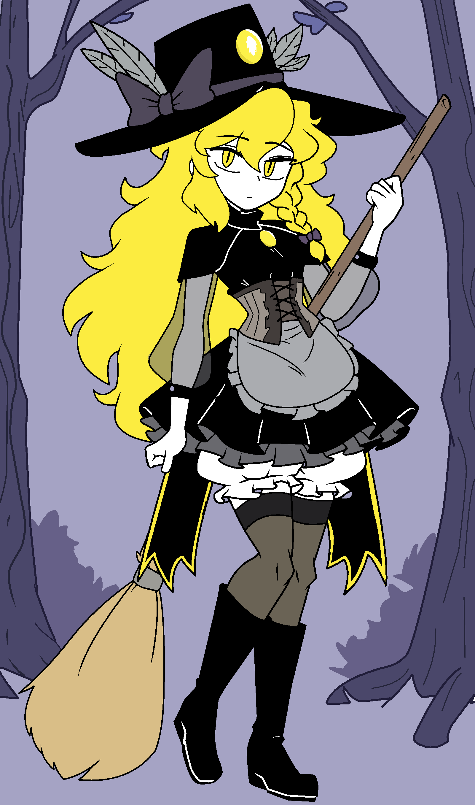 kirisame marisa, touhou, absurdres, highres, 1girl, bare tree, black boots, black hat, blonde hair, boots, braid, broom, closed mouth, full body, grey background, hat, holding, holding broom, irisusde, long hair, long sleeves, looking at viewer, side braid, single braid, solo, tree, yellow eyes
