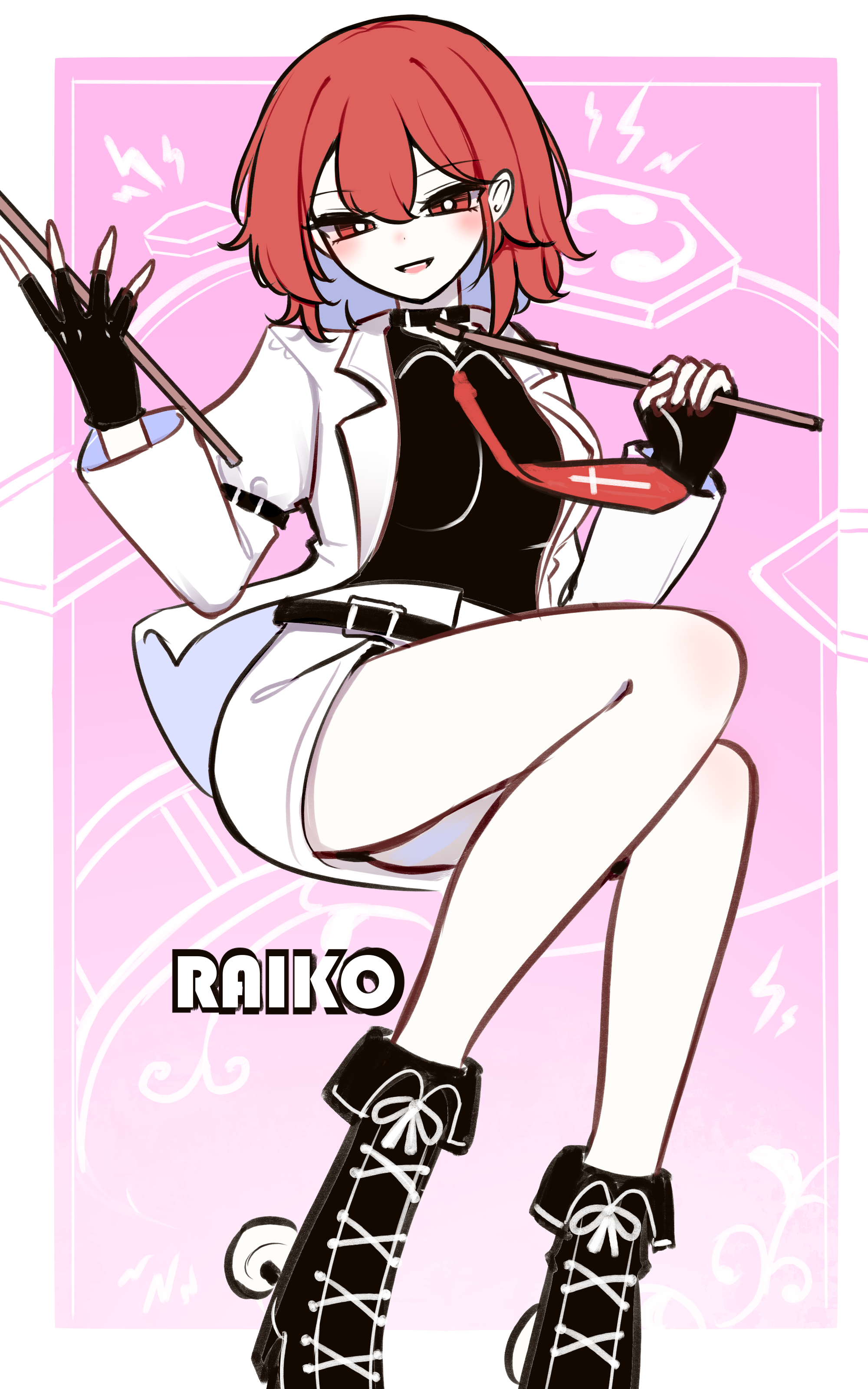 shen bi ren (user rjgy2824), horikawa raiko, touhou, absurdres, commentary request, highres, 1girl, :d, belt, black gloves, black shirt, black shoes, blush, character name, drum, drumsticks, fingerless gloves, gloves, gradient background, holding, holding drumsticks, instrument, jacket, lightning bolt symbol, looking at viewer, necktie, open mouth, panties, pink background, red eyes, red hair, red necktie, shirt, shoes, short hair, skirt, smile, solo, underwear, white jacket, white panties, white skirt