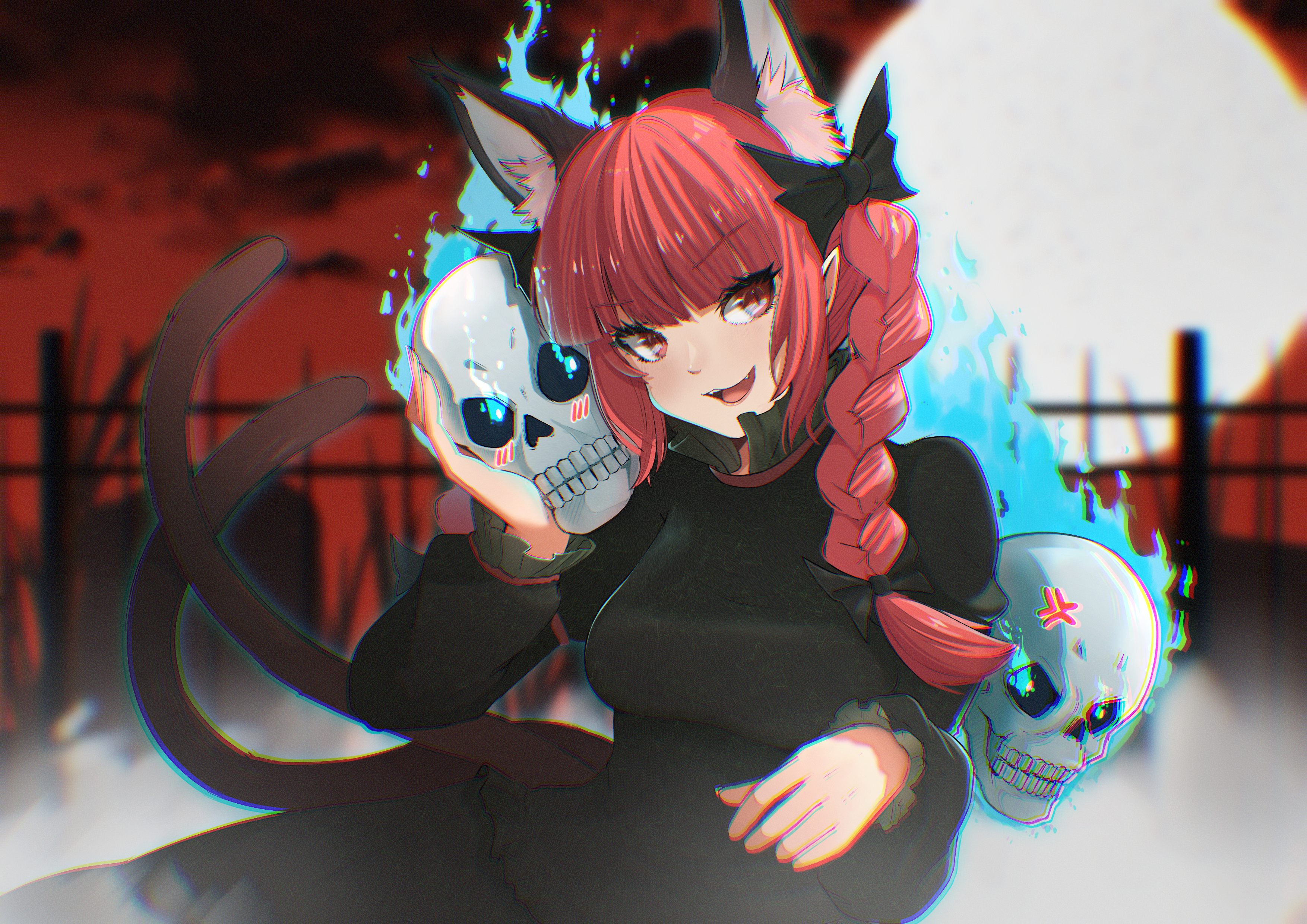 giya, kaenbyou rin, touhou, absurdres, commentary request, highres, 1girl, :d, animal ear fluff, animal ears, black dress, blunt bangs, blurry, blurry background, blush, braid, breasts, cat ears, cat girl, cat tail, dress, extra ears, fence, full moon, large breasts, long hair, long sleeves, moon, multiple tails, open mouth, outdoors, pointy ears, red eyes, red hair, side braids, skull, smile, solo, tail, twin braids, two tails