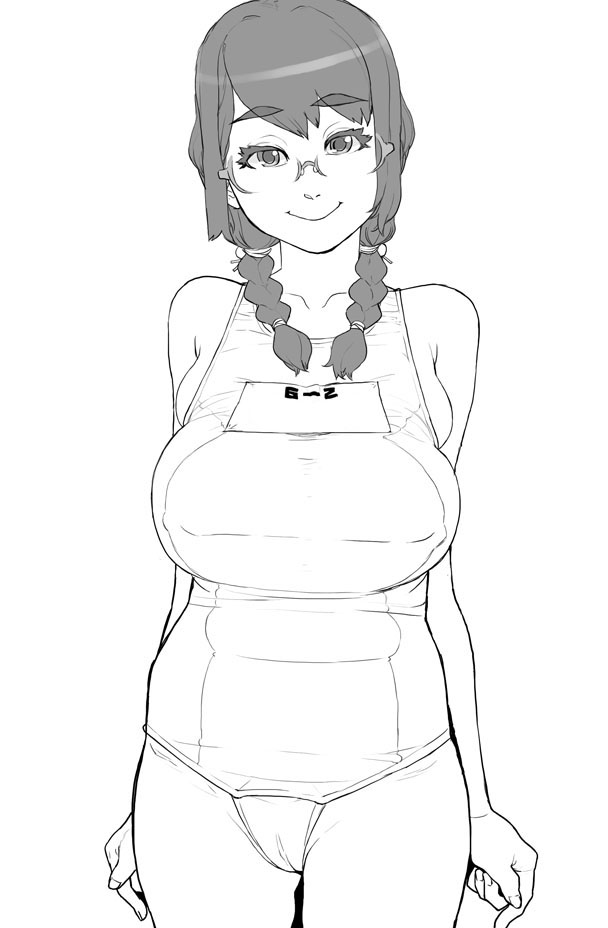 mama (mama hiro), original, bad id, bad pixiv id, 1girl, braid, breasts, female focus, glasses, greyscale, hair over shoulder, large breasts, monochrome, one-piece swimsuit, plump, school swimsuit, smile, solo, swimsuit, twin braids, white one-piece swimsuit, white school swimsuit