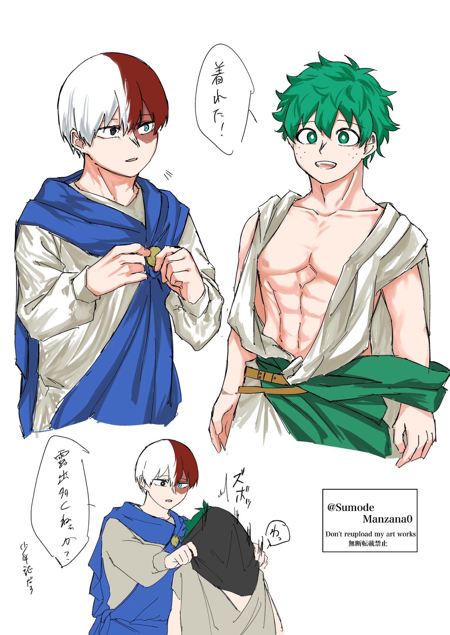 midoriya izuku, todoroki shoto, boku no hero academia, highres, abs, cape, covering privates, freckles, green hair, messy hair, multicolored hair, pectorals, red hair, scar, short hair, smile, sumodemanzana0, tododeku, toga, two-tone hair, white hair, yaoi
