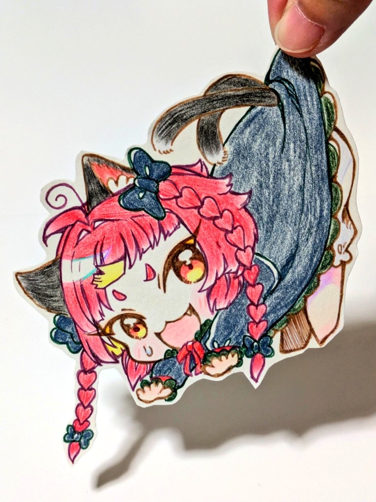 karyuu (raoz), kaenbyou rin, touhou, colored pencil (medium), commentary request, photo (medium), traditional media, 1girl, :3, :d, animal ear fluff, animal ears, black bow, black dress, bloomers, blunt bangs, bow, braid, cat ears, cat girl, cat tail, chibi, clothes pull, dress, dress pull, fang, hair bow, long sleeves, medium hair, multiple tails, open mouth, pulling own clothes, red eyes, red hair, side braids, smile, tail, twin braids, two tails, underwear