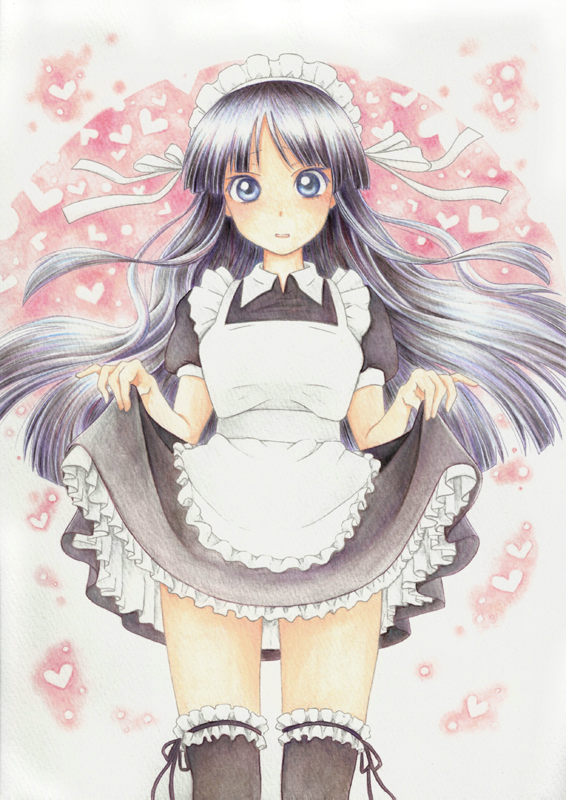 kokkoro (nullcan), akiyama mio, k-on!, painting (medium), traditional media, watercolor (medium), 00s, 1girl, alternate costume, apron, black hair, blue eyes, blunt bangs, blush, clothes lift, curtsey, dress, dress lift, enmaided, female focus, frilled thighhighs, frills, headdress, hime cut, lingerie, long hair, maid, maid apron, maid headdress, petticoat, skirt hold, solo, thighhighs, underwear, zettai ryouiki