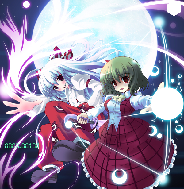 kurume shou, fujiwara no mokou, kazami yuuka, touhou, bad id, bad pixiv id, 2girls, ascot, bow, breasts, female focus, green hair, hair bow, large breasts, moon, multiple girls, pants, plaid clothes, plaid skirt, plaid vest, puffy sleeves, red eyes, shaded face, shirt, short hair, skirt, skirt set, taut clothes, taut shirt, vest