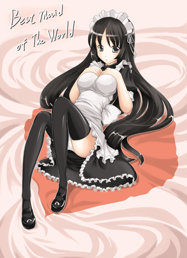 miyuki rei, miyukirei, akiyama mio, k-on!, vocaloid, world is mine (vocaloid), 1girl, alternate costume, apron, black hair, blue theme, blunt bangs, english text, enmaided, female focus, headdress, hime cut, long hair, lying, maid, maid apron, maid headdress, mary janes, on back, parody, shoes, solo, thighhighs, zettai ryouiki