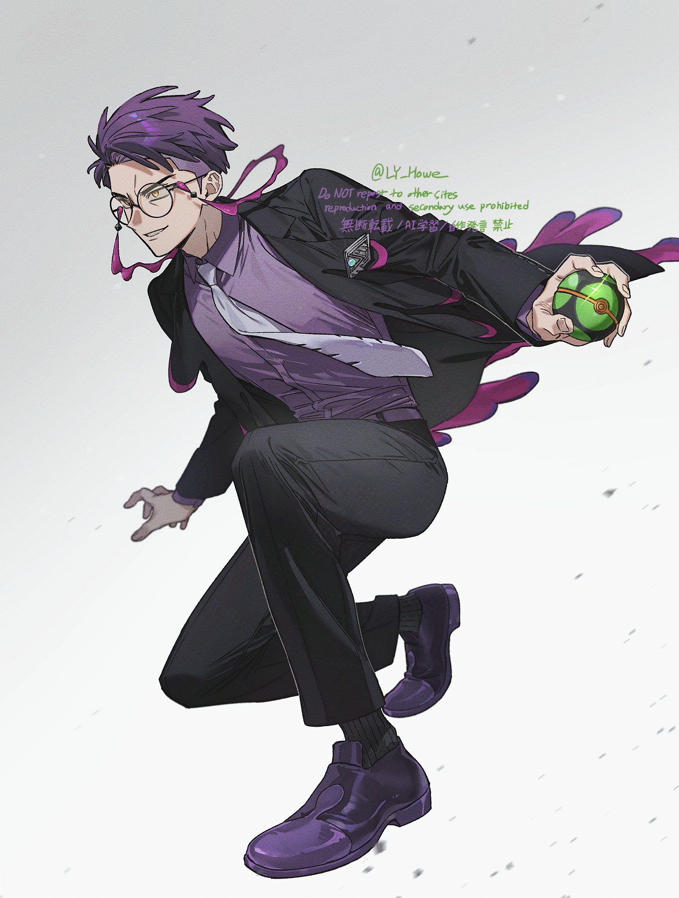 kitsune (ly howe), corbeau (pokemon), nintendo, pokemon, pokemon legends: z-a, highres, 1boy, black-framed eyewear, black hair, black jacket, black pants, black socks, collared shirt, dusk ball, eyewear strap, full body, glasses, holding, holding poke ball, jacket, long sleeves, male focus, necktie, open clothes, open jacket, pants, parted hair, parted lips, poke ball, purple hair, purple shirt, round eyewear, shirt, shoes, short hair, short sideburns, smirk, socks, solo, white necktie, yellow eyes