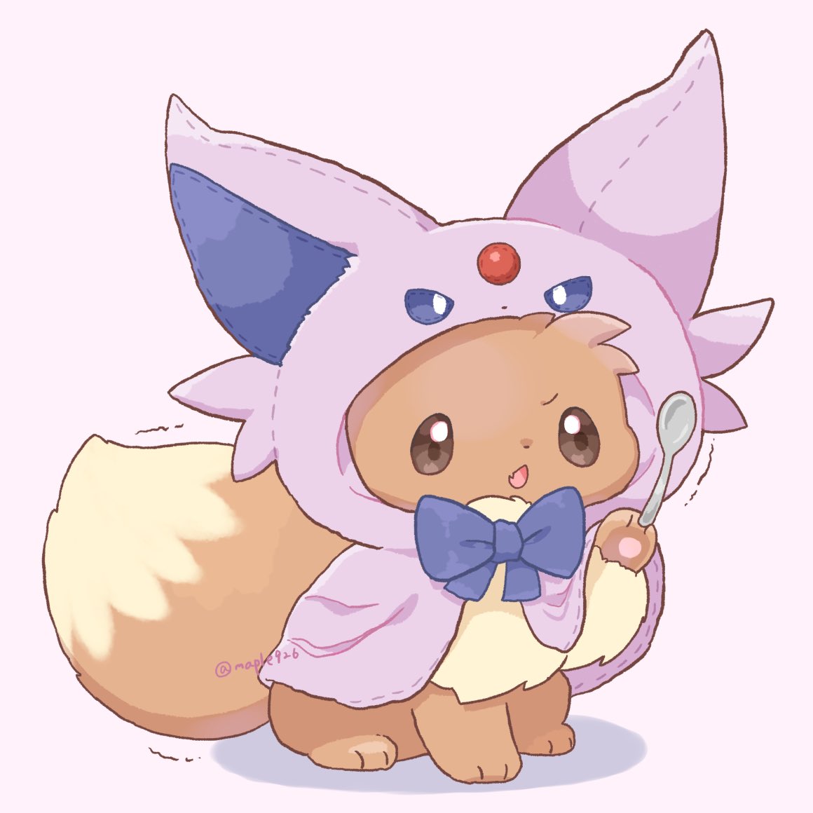 kana (maple926), eevee, espeon, nintendo, pokemon, animal focus, brown eyes, brown fur, cosplay, espeon (cosplay), fang, gen 1 pokemon, gen 2 pokemon, no humans, open mouth, pokemon (creature), pokemon focus, spoon, telekinesis