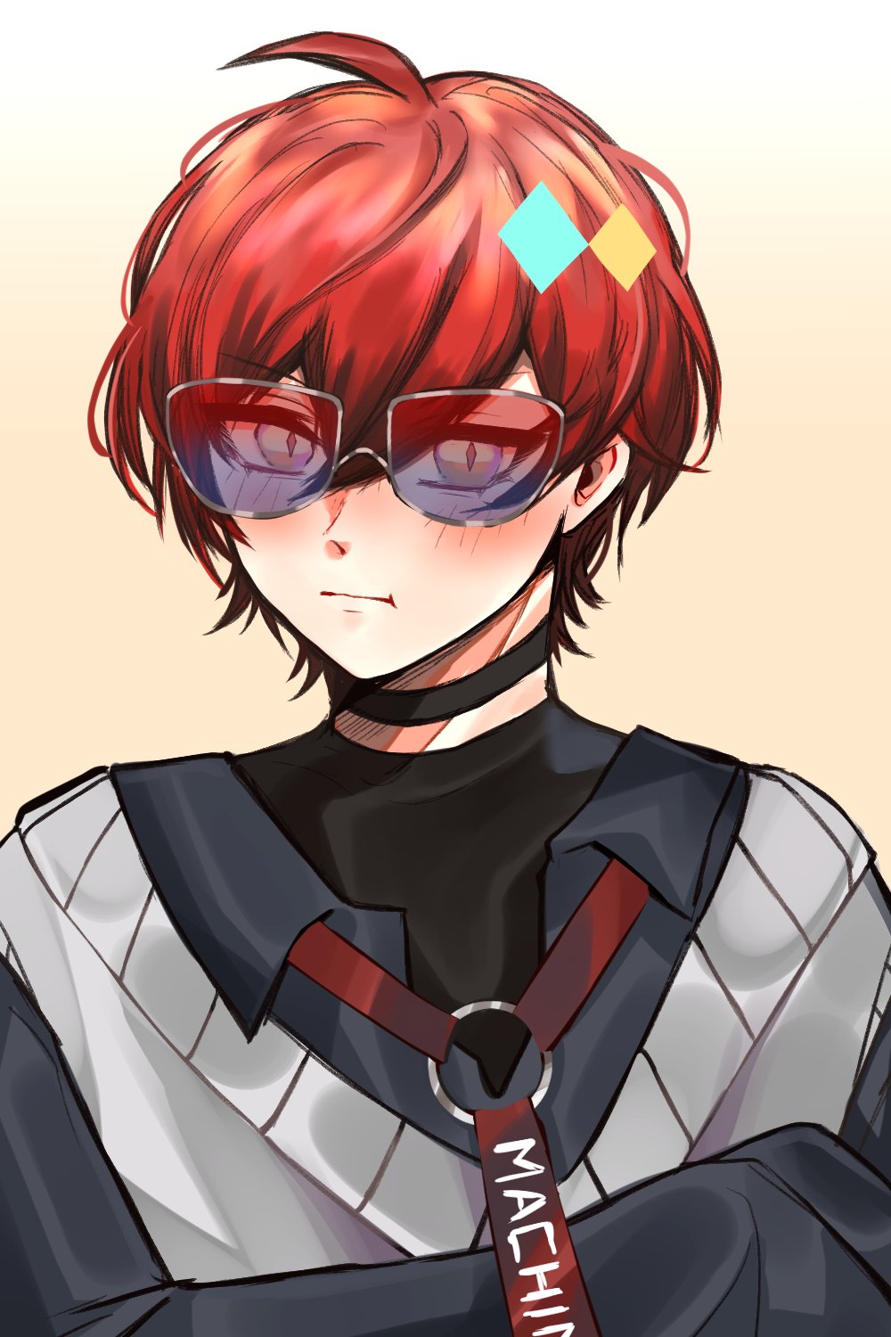 aki genki, machina x flayon, holostars, holostars english, highres, 1boy, ahoge, black choker, black shirt, choker, crossed arms, hair between eyes, jewelry, looking at viewer, male focus, necklace, necktie, pout, red eyes, red hair, red necktie, shirt, short hair, simple background, solo, sunglasses, upper body, vest, virtual youtuber, white vest