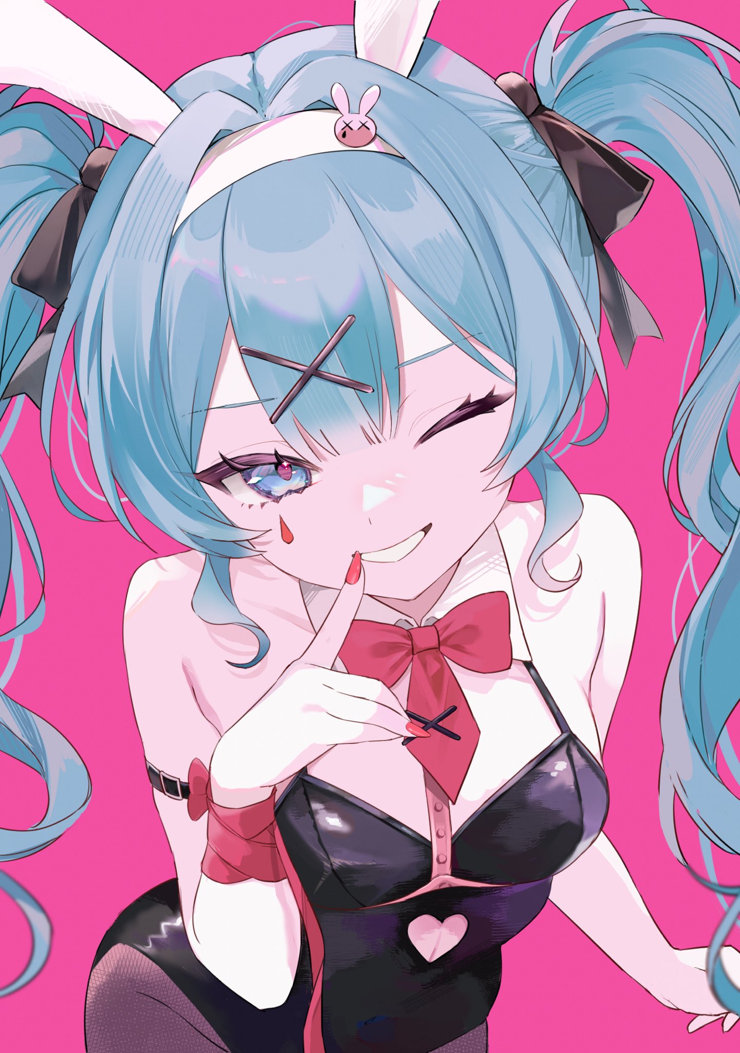 hatsune miku, rabbit hole (vocaloid), vocaloid, commentary request, highres, 1girl, animal ear hairband, animal ears, aqua eyes, aqua hair, arm at side, arm strap, black bow, black leotard, bow, bowtie, breasts, center-flap bangs, collar, detached collar, double-parted bangs, fake animal ears, fingernails, grin, hair bow, hair ornament, hairband, hand up, leotard, long hair, nail polish, one eye closed, pink background, pink pupils, poyamapoko, rabbit ear hairband, rabbit ears, red bow, red bowtie, red nails, ribbon, smile, solo, twintails, upper body, wavy hair, white collar, white hairband, wing collar, wrist ribbon, x hair ornament