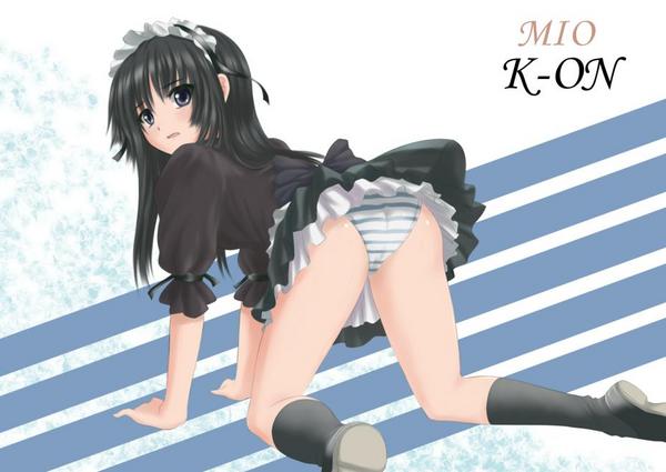 beiyu, akiyama mio, fuwafuwa time, k-on!, striped, resized, 1girl, all fours, ass, black eyes, black hair, headdress, hime cut, long hair, maid, panties, pantyshot, pixiv thumbnail, solo, striped panties, underwear