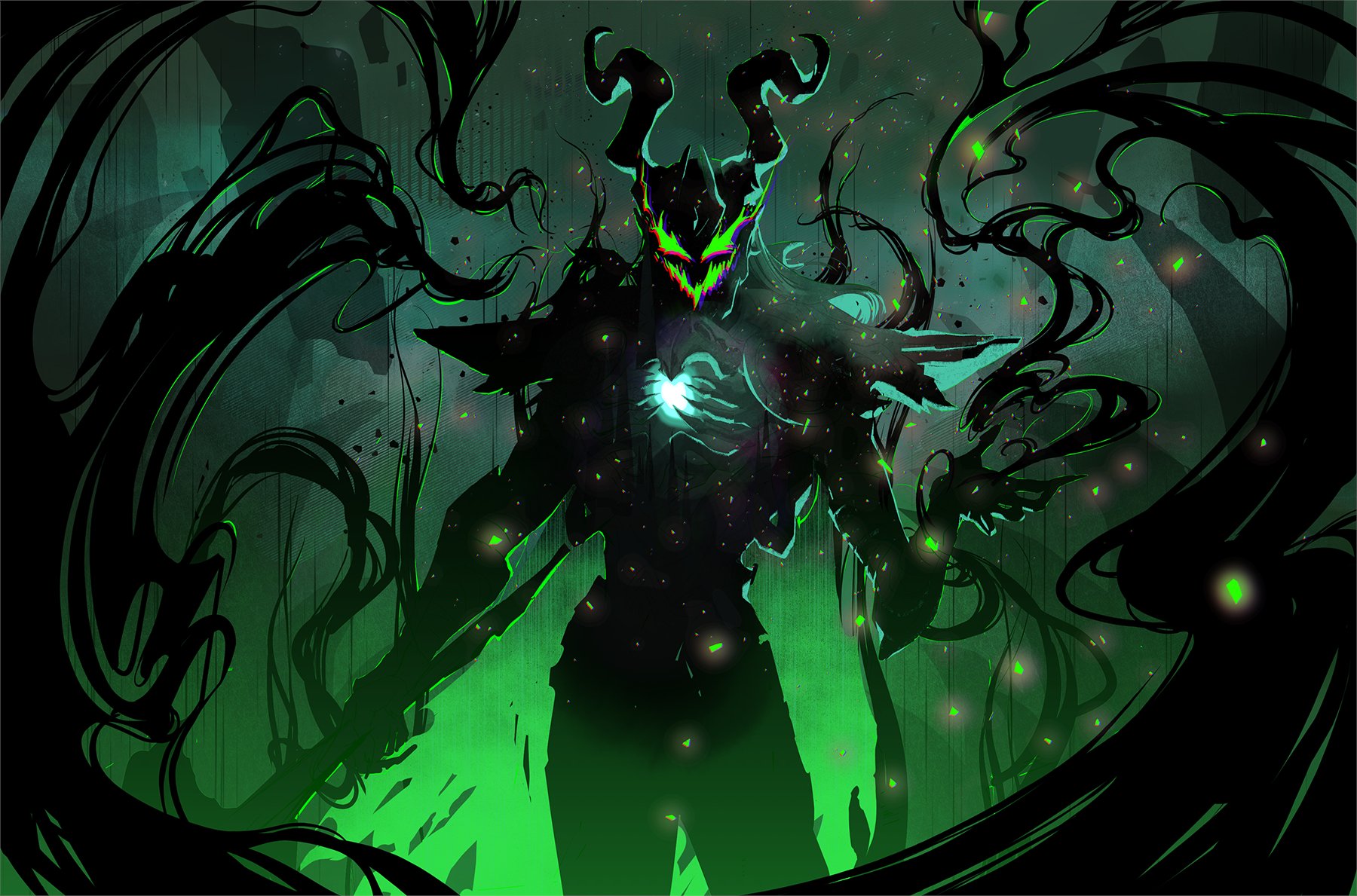 loki (marvel), marvel, marvel rivals, thor (marvel) (series), commentary, english commentary, highres, 1boy, aalure, armor, black theme, cape, chromatic aberration, cowboy shot, eyed silhouette, fake horns, green eyes, green theme, horned headwear, horns, loki (marvel) (all-butcher), long hair, looking at viewer, male focus, official alternate costume, silhouette, solo