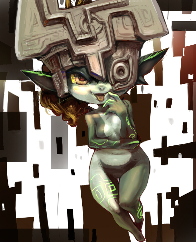 koki (ryoushikiha), midna, nintendo, the legend of zelda, the legend of zelda: twilight princess, 1girl, breasts, fang, female focus, hip focus, naughty face, pointy ears, red eyes, small breasts, solo, wide hips
