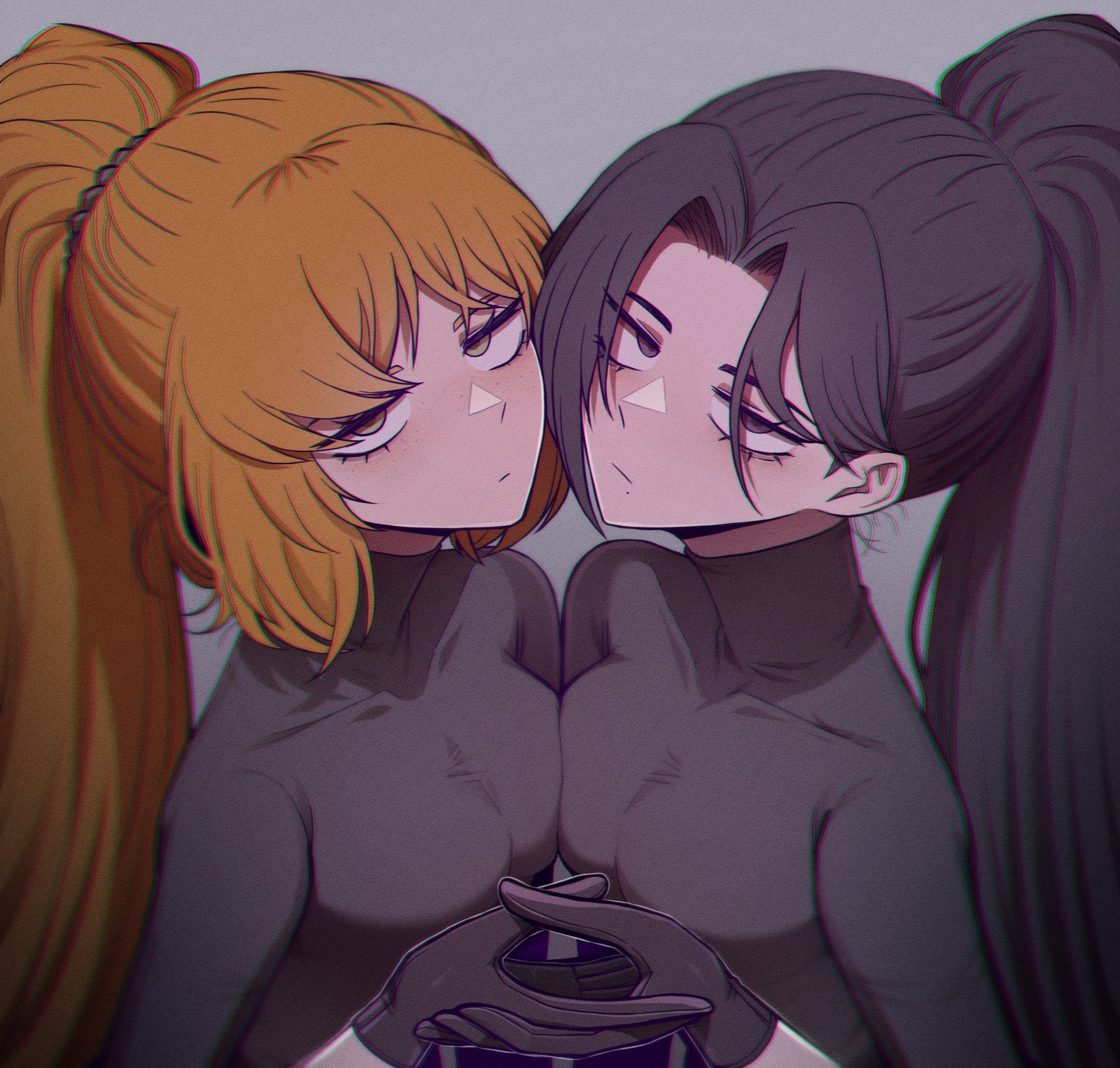 misg1111, ishmael (project moon), library of ruina, limbus company, project moon, commentary, highres, symbol-only commentary, 2girls, black bodysuit, black eyes, black gloves, black hair, bodysuit, breast press, breasts, closed mouth, gloves, green eyes, grey background, hanafuda (project moon), holding hands, long hair, looking at viewer, multiple girls, orange hair, scrunchie, simple background, small breasts