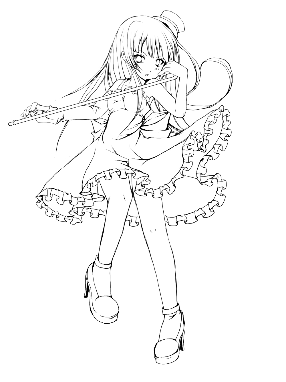 akatsuki hijiri, akatsukisei, akiyama mio, don't say "lazy", k-on!, bad id, bad pixiv id, highres, 00s, 1girl, blunt bangs, cane, dress, elbow gloves, female focus, fingerless gloves, gloves, greyscale, hat, high heels, hime cut, lineart, long hair, mini hat, mini top hat, monochrome, shoes, solo, top hat