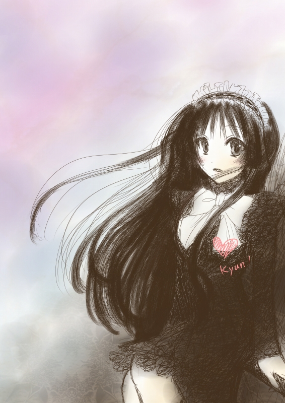 yuuhime, yuuki-nyan, akiyama mio, fuwafuwa time, k-on!, bad id, bad pixiv id, 00s, 1girl, black hair, blunt bangs, dress, female focus, headdress, hime cut, long hair, monochrome, ribbon, solo