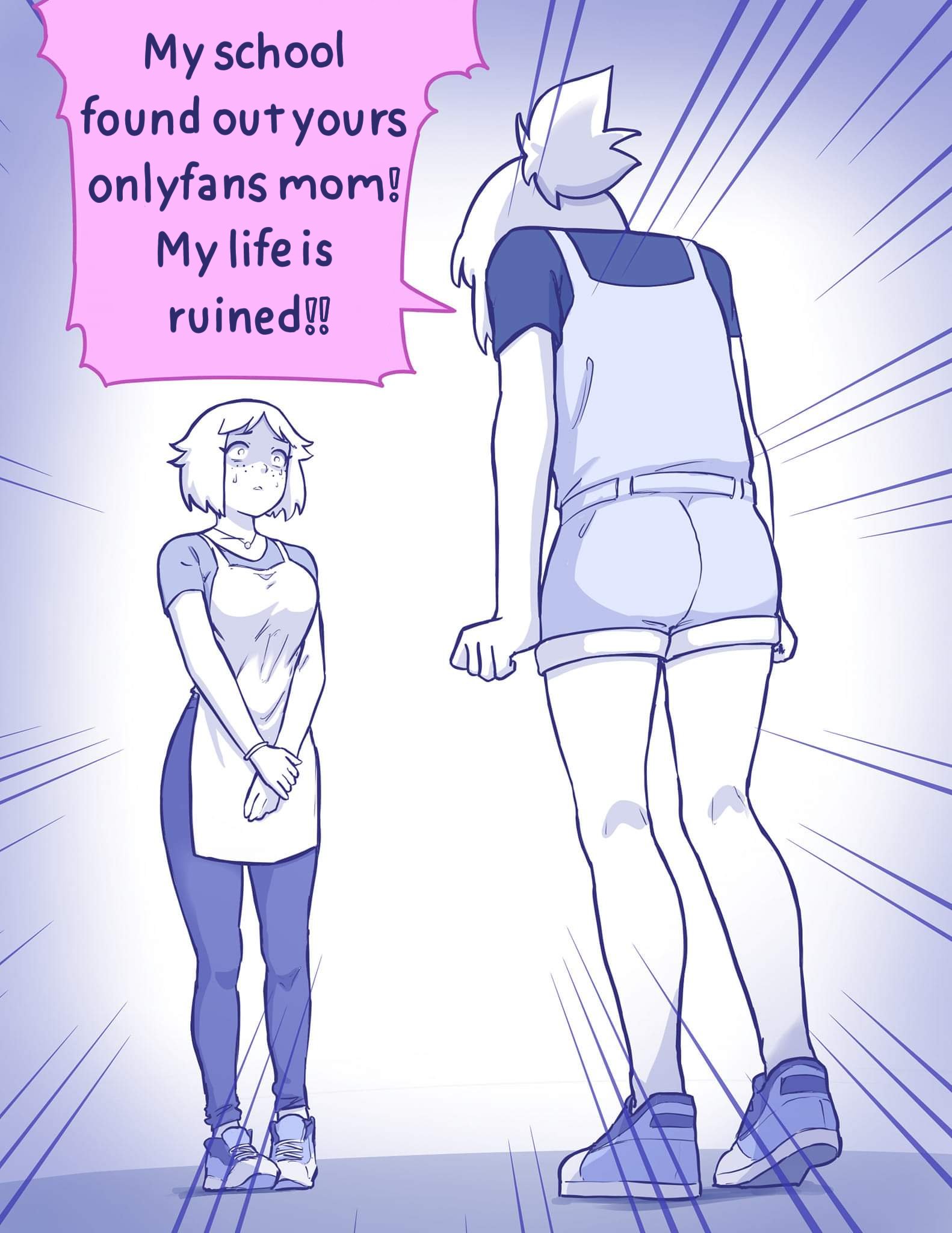 mimundoalex, original, commentary, english commentary, highres, 2girls, apron, bracelet, breasts, constricted pupils, emphasis lines, english text, greyscale, jewelry, large breasts, monochrome, mother and daughter, multiple girls, overalls, pants, ponytail, shaded face, shoes, short hair, sneakers