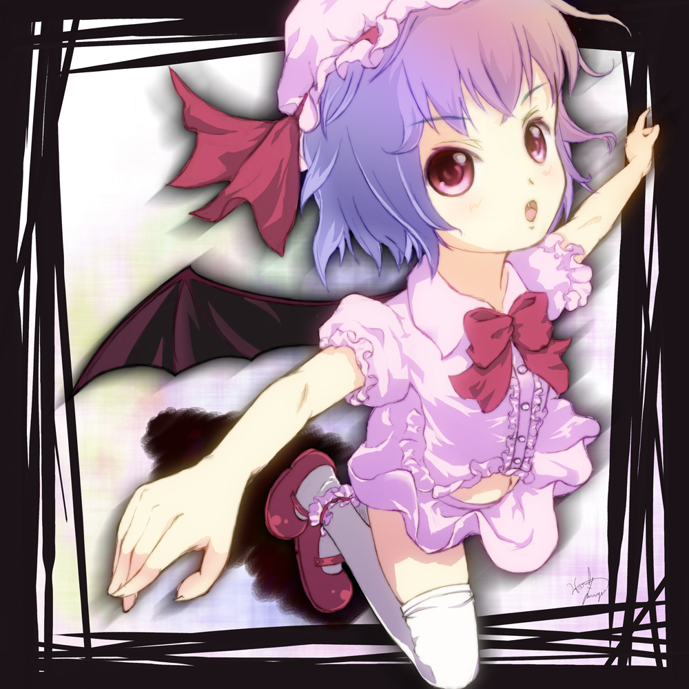 miyai haruki, remilia scarlet, touhou, bad id, bad pixiv id, 1girl, bat wings, female focus, mary janes, shoes, short hair, solo, thighhighs, wings