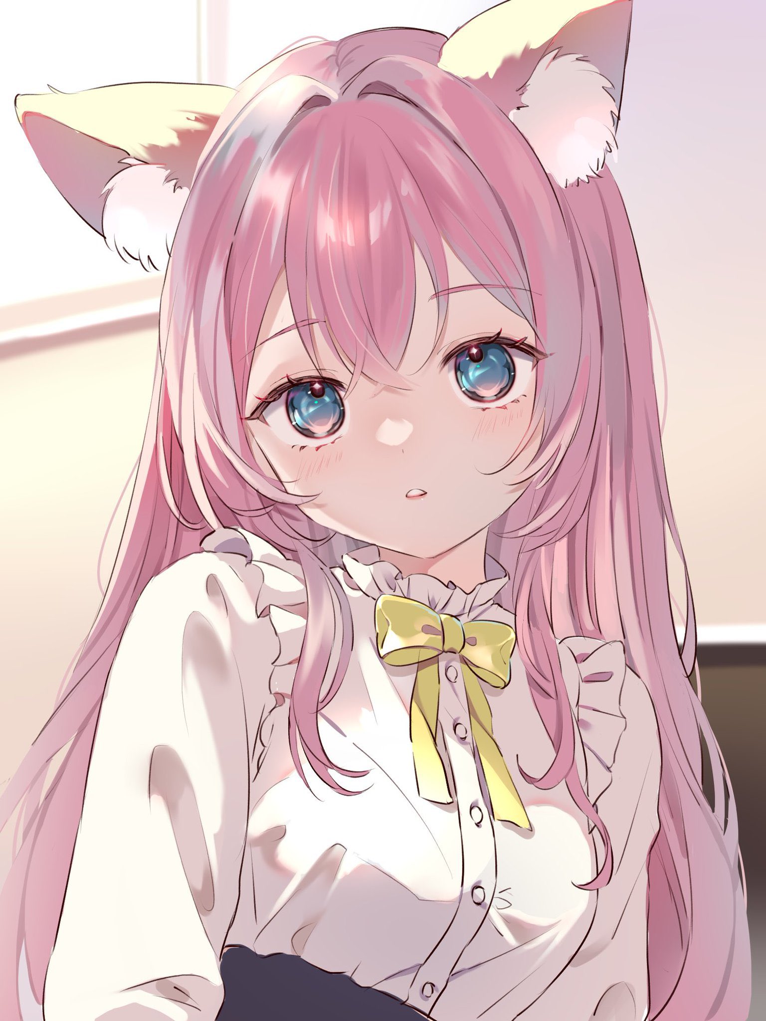character request, commentary request, copyright request, highres, 1girl, animal ear fluff, animal ears, arms at sides, blue eyes, bow, bowtie, double-parted bangs, expressionless, frilled shirt, frills, long hair, long sleeves, looking at viewer, parted lips, pink hair, poyamapoko, shirt, solo, straight hair, upper body, white shirt, yellow bow, yellow bowtie