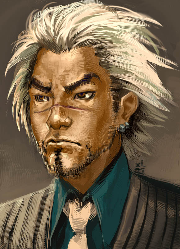 diego armando, godot (ace attorney), ace attorney, capcom, phoenix wright: ace attorney – trials and tribulations, spoilers, 1boy, beard, brown eyes, earrings, facial hair, goatee, jewelry, male focus, mask, necktie, no mask, realistic, scar, solo, unworn mask, white hair