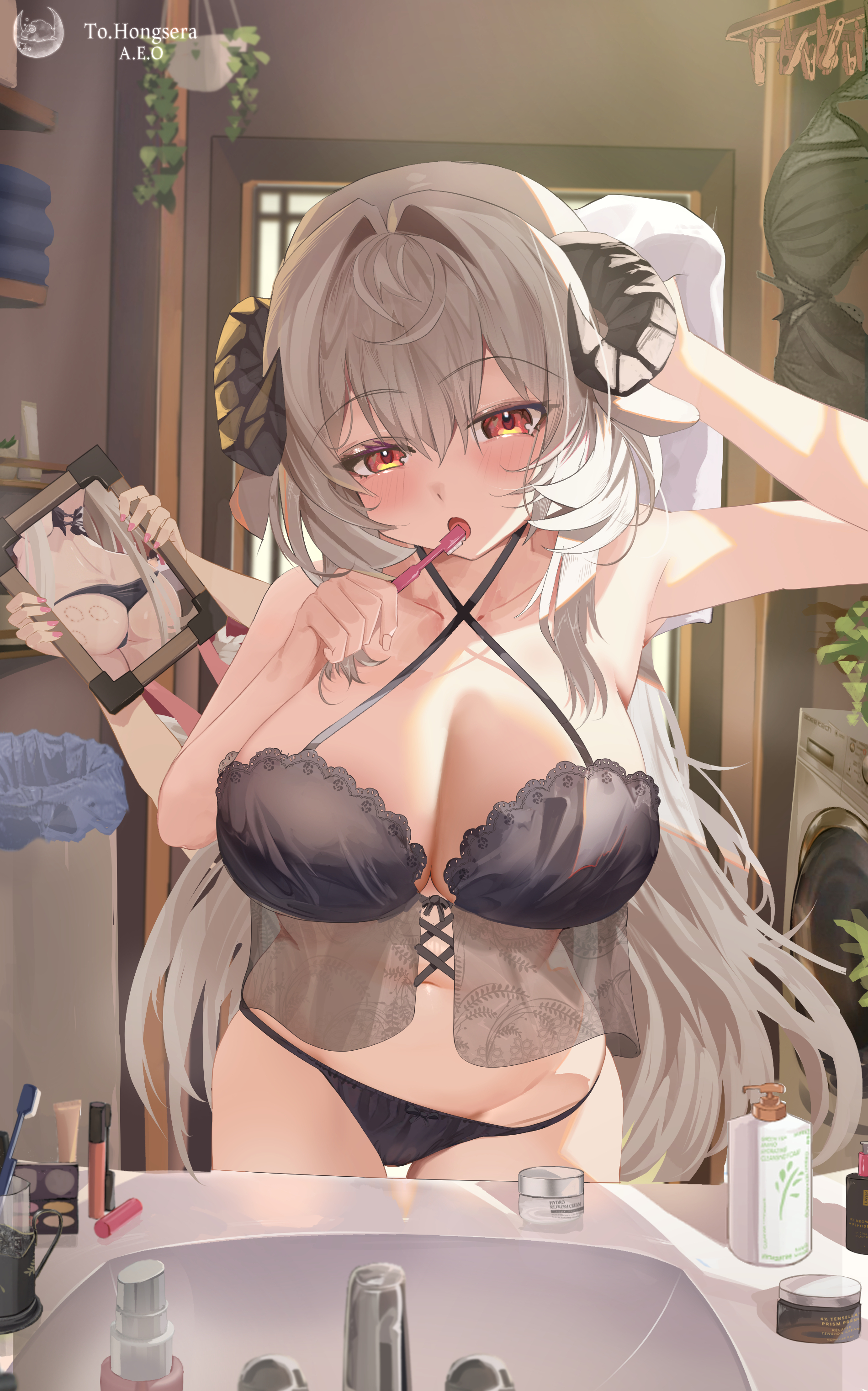 original, absurdres, commission, highres, second-party source, 2girls, aeo, animal ears, arm up, armpits, ass, bare shoulders, bite mark, bite mark on ass, black bra, black panties, bra, breasts, brushing teeth, cleavage, criss-cross halter, curled horns, grey hair, halterneck, hand up, holding, holding towel, horns, large breasts, long hair, looking at viewer, multiple girls, navel, open mouth, panties, red eyes, sheep ears, sheep horns, solo focus, spaghetti strap, stomach, string panties, towel, underwear, very long hair
