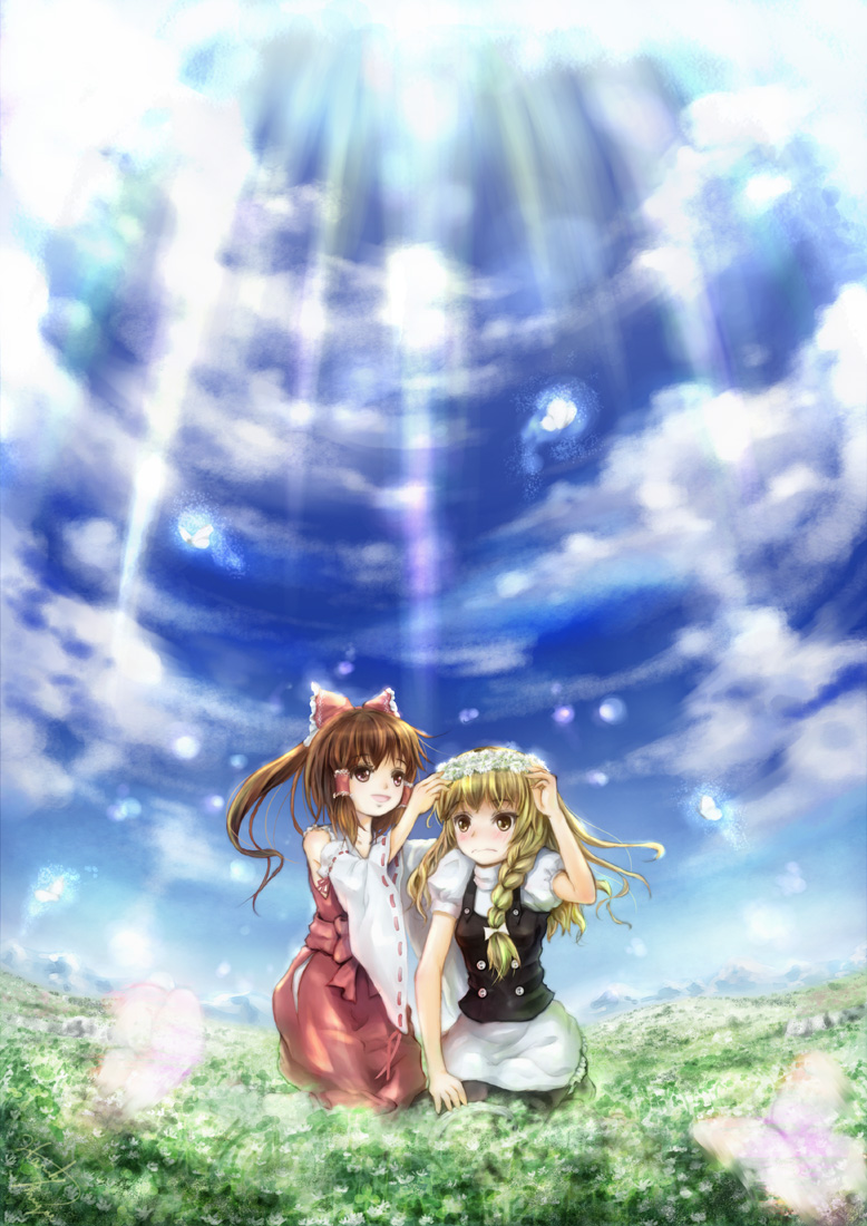 miyai haruki, hakurei reimu, kirisame marisa, touhou, bad id, bad pixiv id, 2girls, blonde hair, blush, braid, crown, day, female focus, head wreath, multiple girls, ponytail, sky
