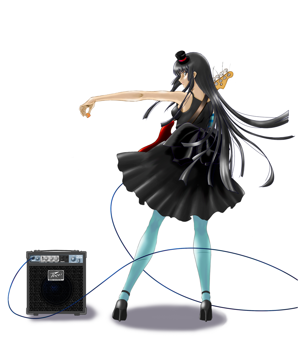 ruce, akiyama mio, don't say "lazy", k-on!, bad id, bad pixiv id, highres, 00s, 1girl, amplifier, aqua pantyhose, bass guitar, black eyes, black hair, blue pantyhose, blunt bangs, dress, female focus, full body, hat, high heels, hime cut, instrument, long hair, mini hat, mini top hat, pantyhose, shoes, solo, standing, top hat, transparent background