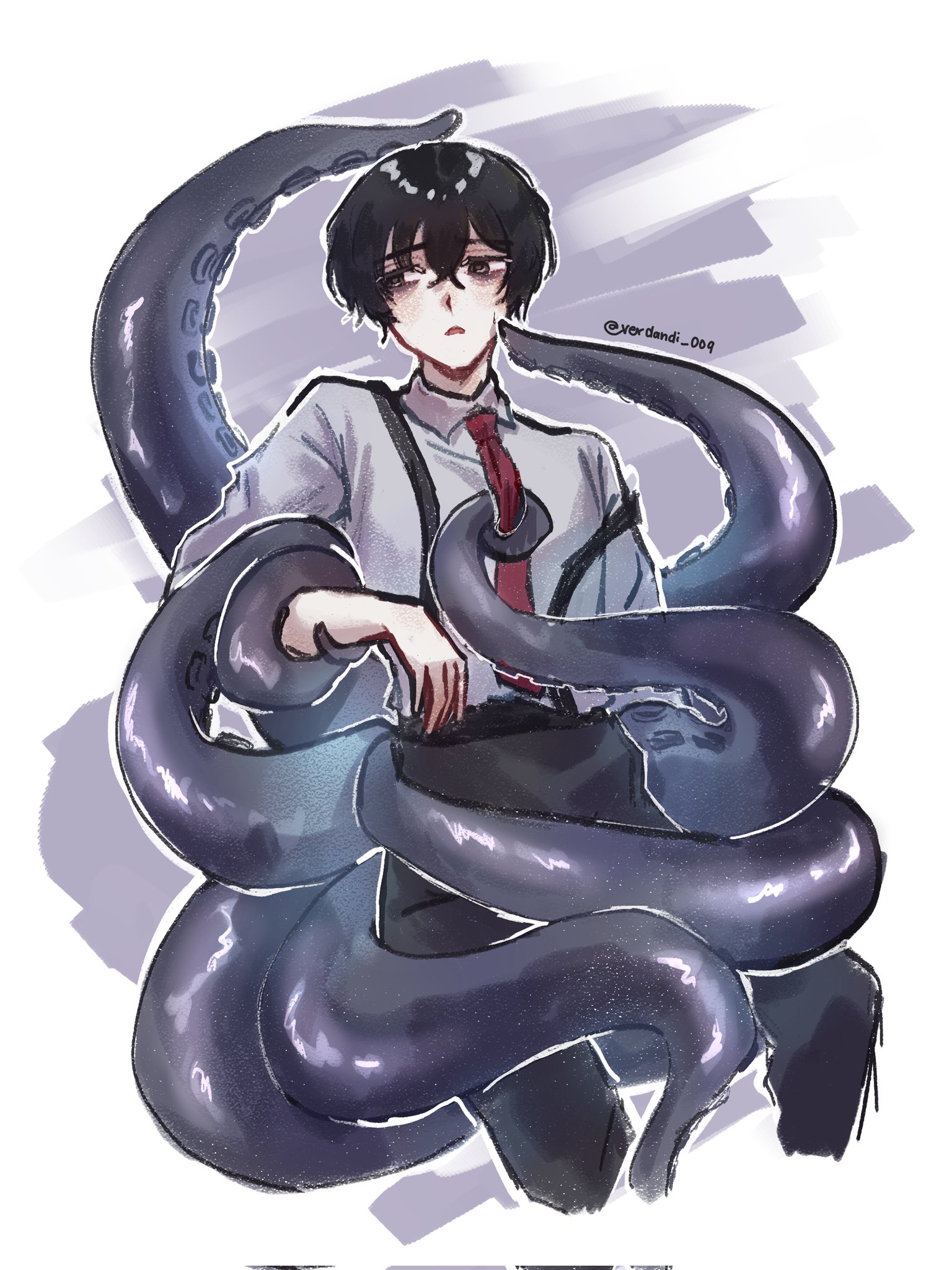 yi sang (project moon), yoshida hirofumi, chainsaw man, limbus company, project moon, highres, bags under eyes, black eyes, black hair, black pants, clothes grab, collared shirt, cosplay, cowboy shot, hair between eyes, looking at viewer, necktie, necktie grab, neckwear grab, octopus, open mouth, pants, red necktie, shirt, short hair, simple background, solo, suspenders, tentacles, verdandi 009, white background, white shirt, yoshida hirofumi (cosplay)