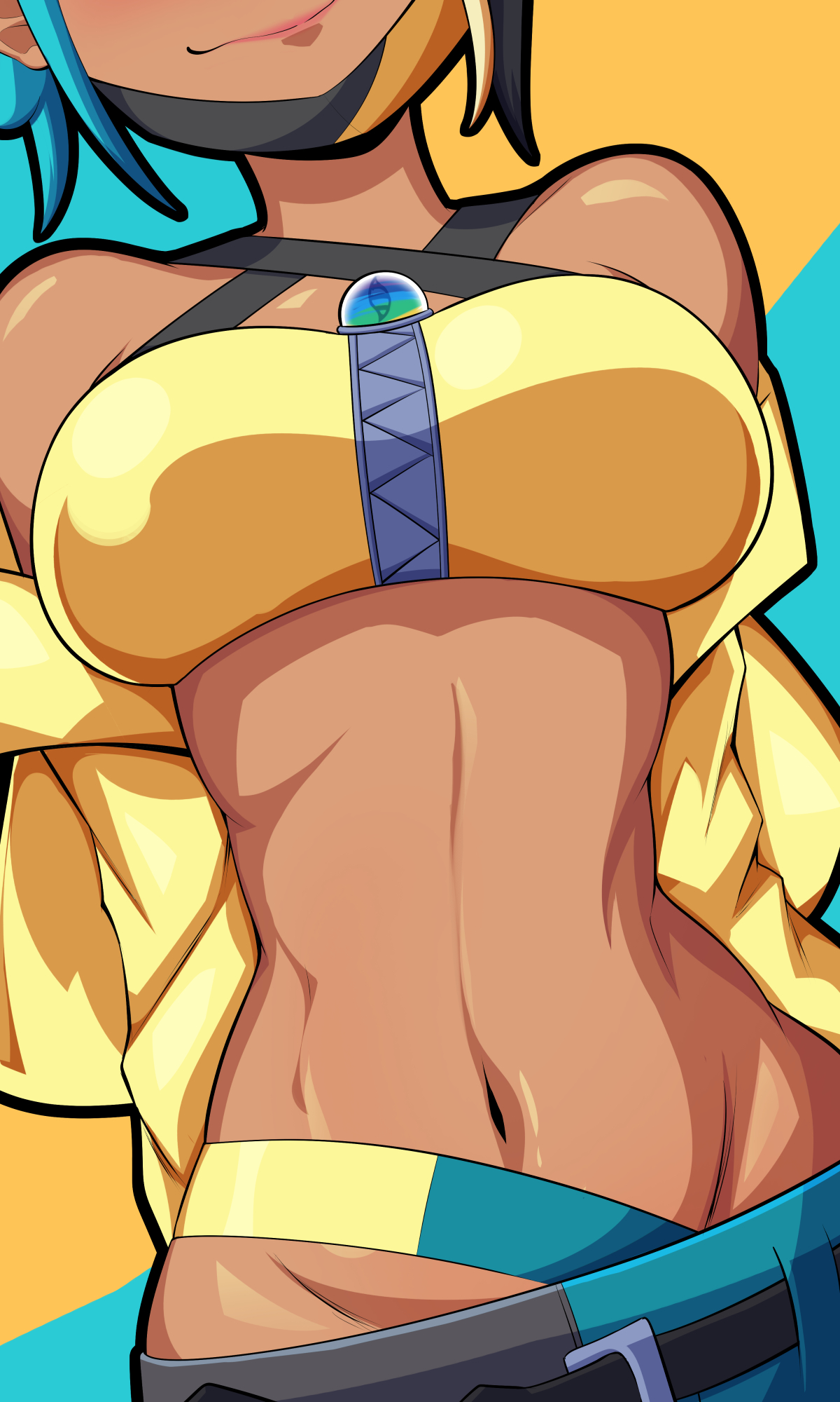 bmkro, canari (pokemon), nintendo, pokemon, pokemon legends: z-a, highres, 1girl, belt, black belt, blonde hair, blue hair, breasts, closed mouth, dark-skinned female, dark skin, head out of frame, jacket, lips, mask, mask pull, medium breasts, mouth mask, multicolored hair, navel, off shoulder, pants, solo, stomach, yellow jacket