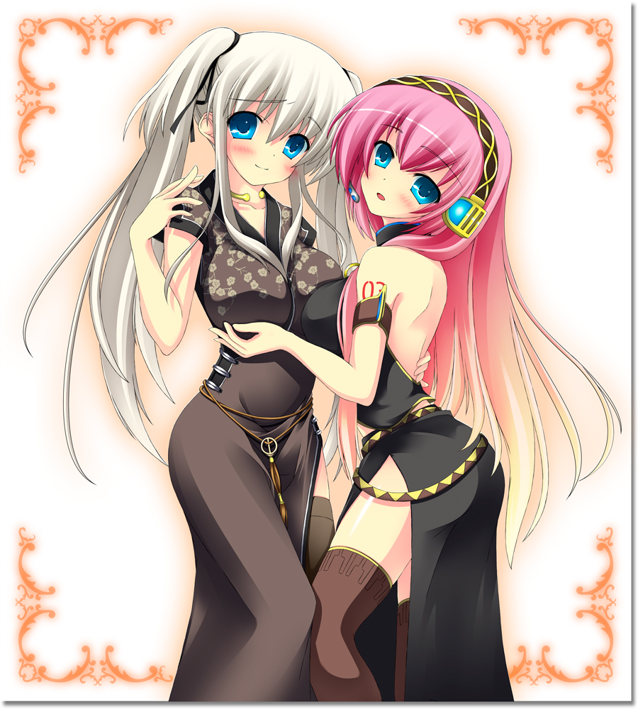umitsubame, megurine luka, nao (mabinogi), mabinogi, vocaloid, 2girls, aqua eyes, blue eyes, blush, breasts, crossover, headset, large breasts, long hair, multiple girls, pink hair, thighhighs, twintails, very long hair